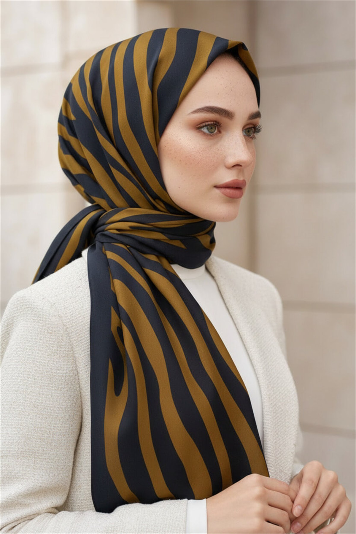 Kırışmaz Krep Şal Zebra Desenli Siyah Hardal 75x190 cm – Kolay Şekil Alan