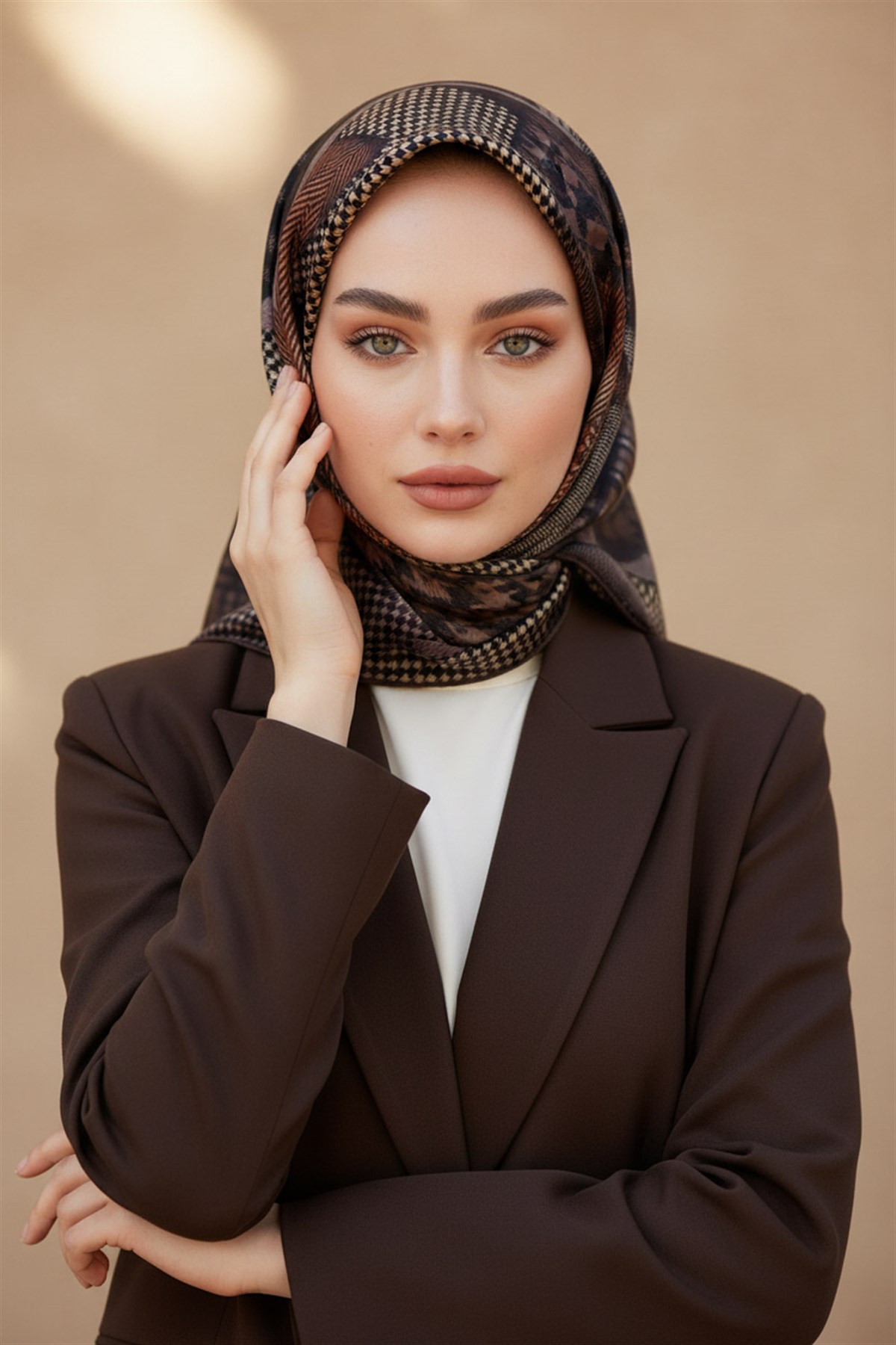 %100 Twill İpek Kazakayaklı Ve Ekose Desenli Kahverengi - Bej Renkli 90x90 Eşarp Dikim Şekli : El Dikişi