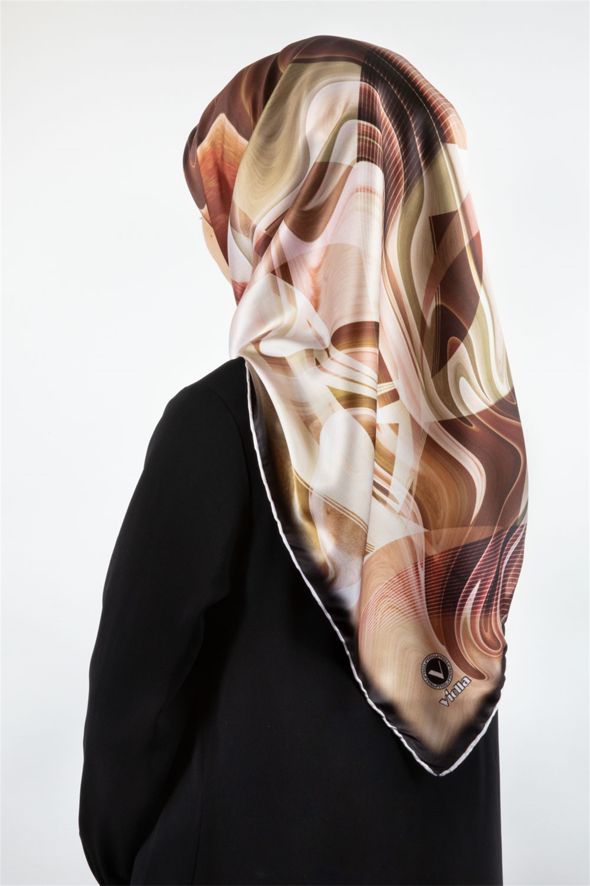 Twill Soyut Dalga Desenli Hardal Renkli 90x90 Eşarp (İpek İçermez) Dikim Şekli : El Dikişi