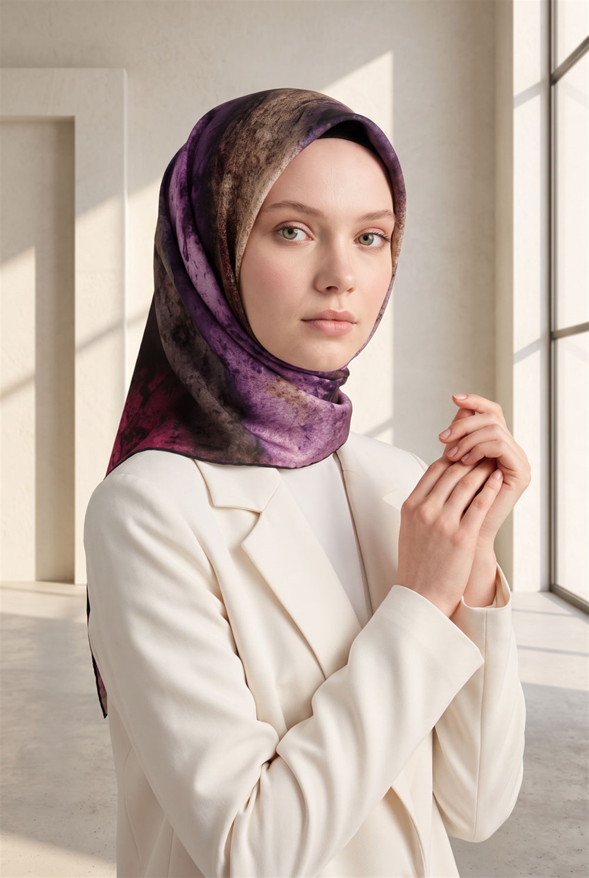 % 57 İPEK % 43 VİSKON Twill İpek Dokulu Ve Geometrik Desenli Mürdüm - Vizon Renkli 90x90 Eşarp Dikim Şekli : El Dikişi