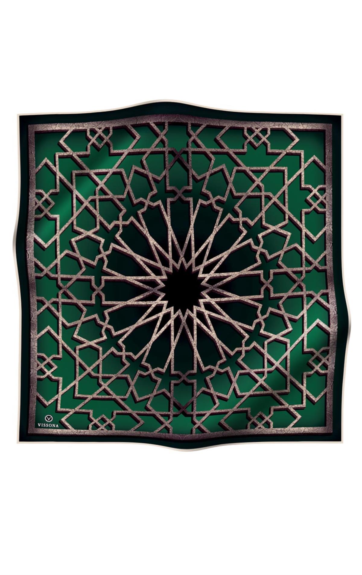 %100 Twill Türk Motifi  Desenli Zümrüt Yeşili Renkli 90x90 Eşarp Dikim Şekli: El Dikişi