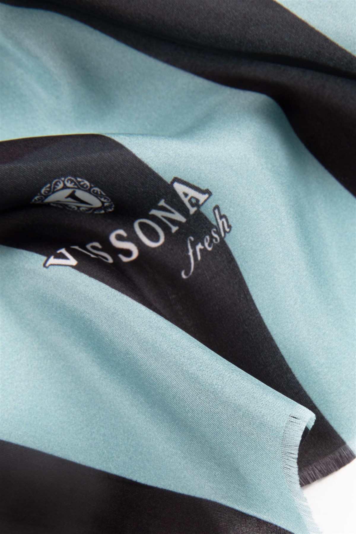 %100 İpek Şerit Ve Varak Desenli Su Yeşili - Bebe Mavisi Renkli 92x210 Şal