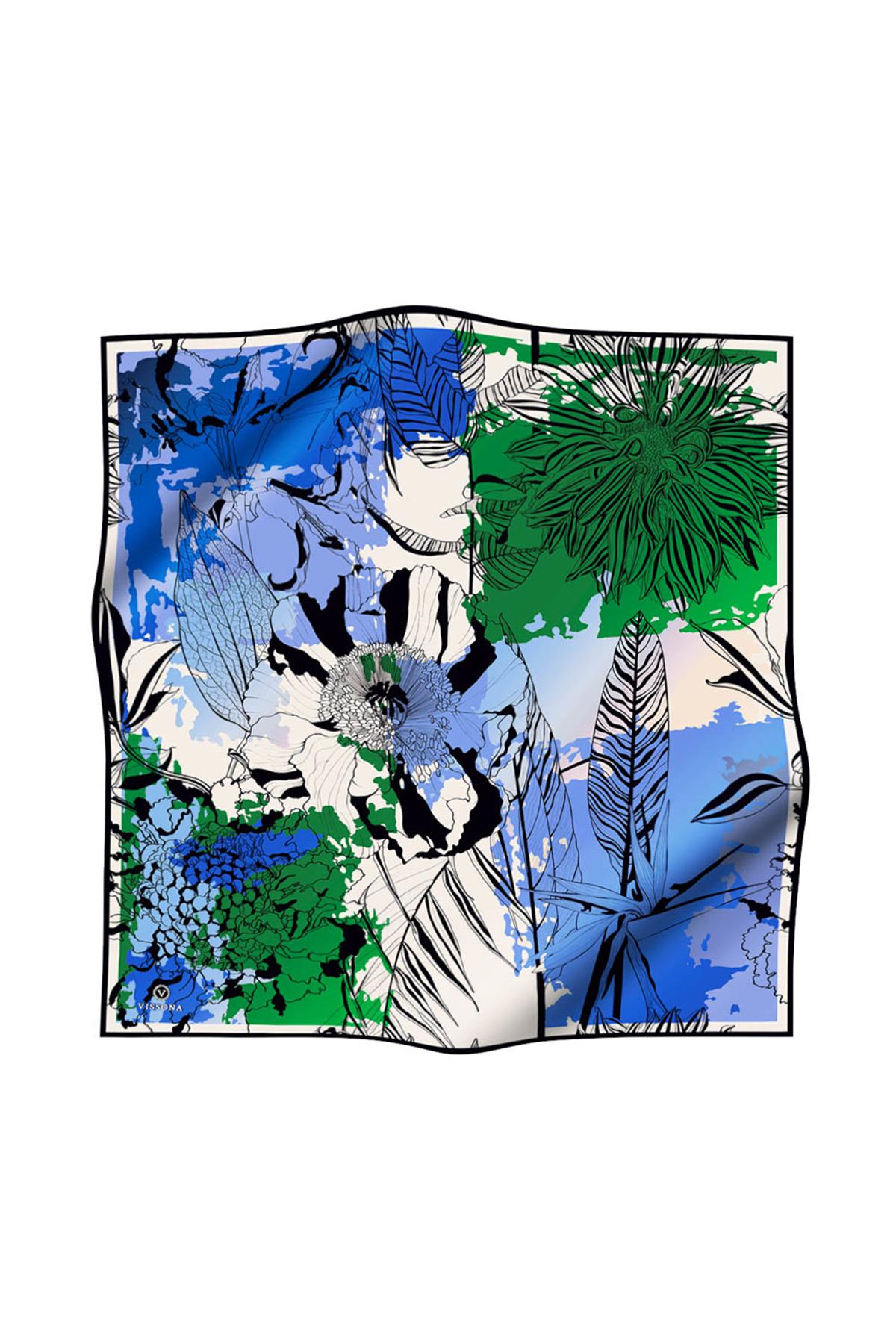 %100 Twill İpek Yaprak Desenli Saks - Zümrüt Yeşili Renkli 90x90 Eşarp Dikim Şekli : El Dikişi