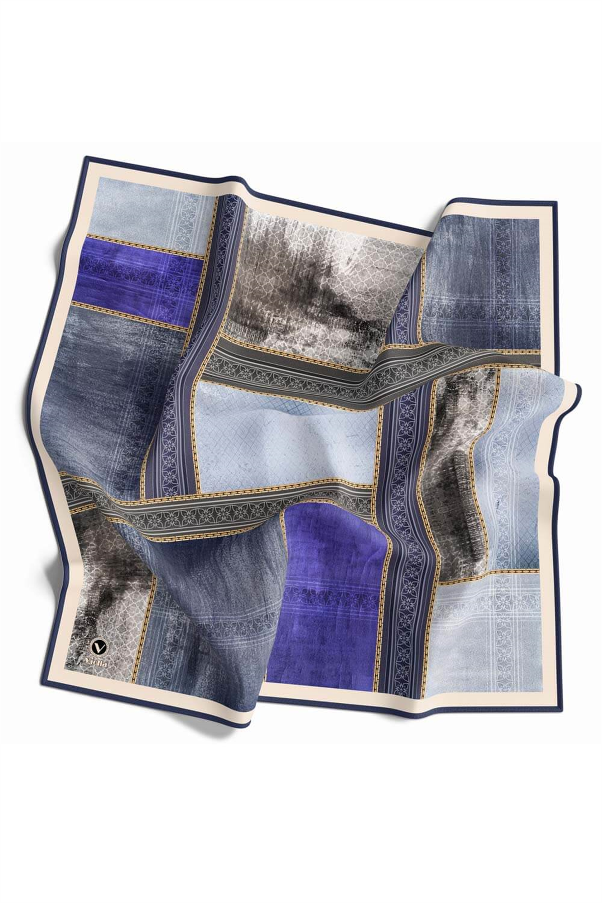 Twill Dokulu Ve Geometrik Desenli Saks Renkli 90x90 Eşarp (İpek İçermez) Dikim Şekli : El Dikişi