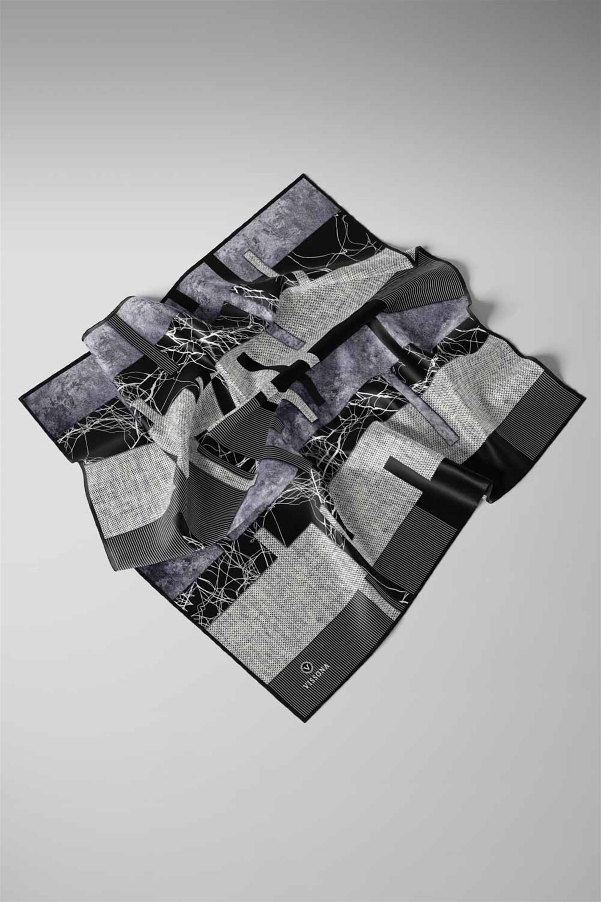%100 Twill İpek Geometrik Desenli Siyah - Gri Renkli 90x90 Eşarp Dikim Şekli : El Dikişi