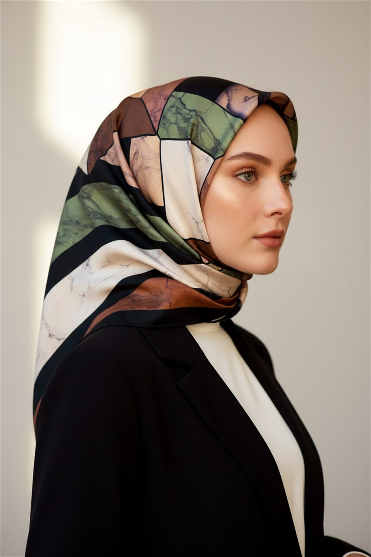 %100 Twill İpek Geometrik Mermer Desenli Haki - Bakır Renkli 90x90 Eşarp Dikim Şekli : El Dikişi