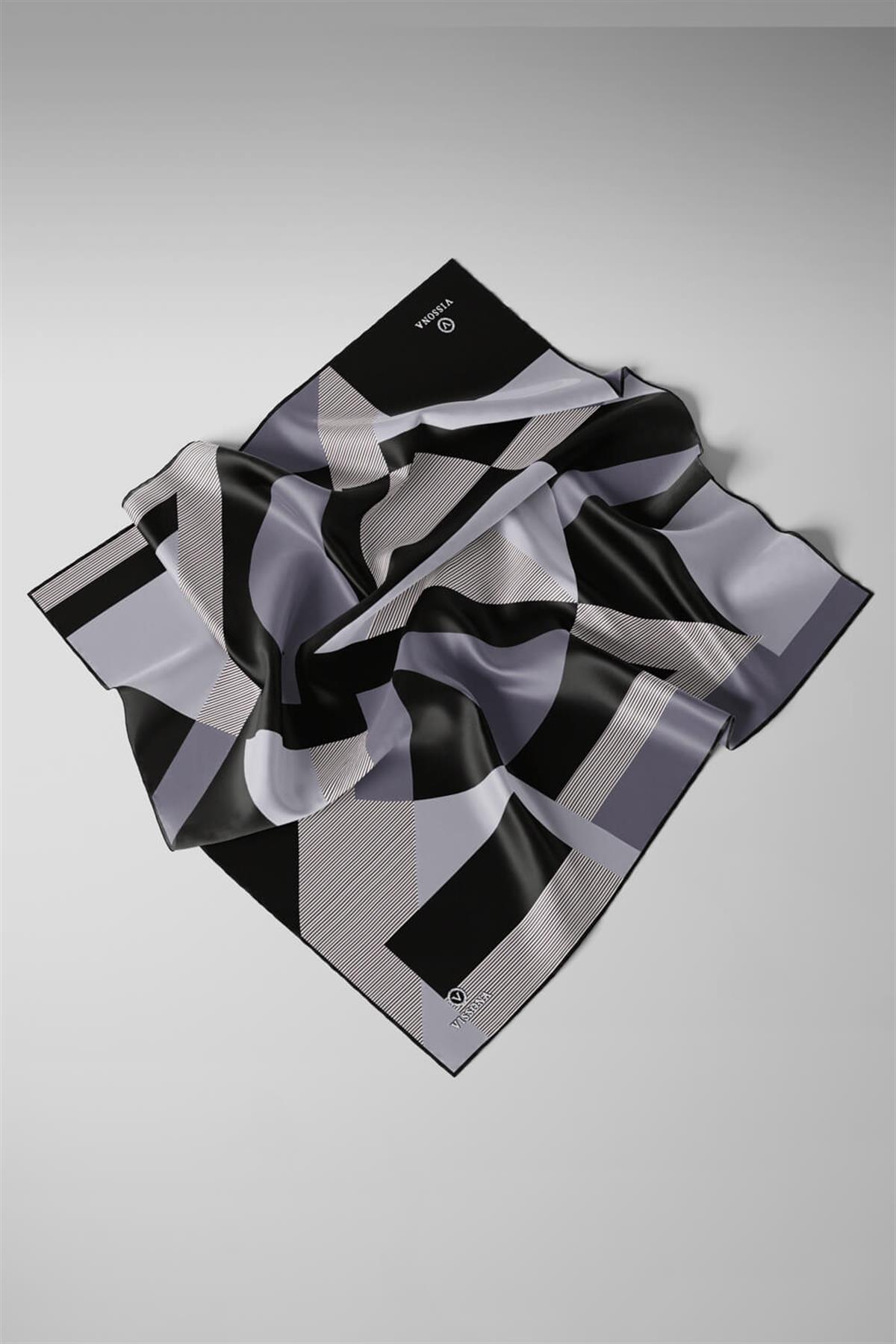 %100 Twill İpek Geometrik Çizgi Desenli Siyah - Gri Renkli 90x90 Eşarp Kenar Dikiş Şekli El Dikişli