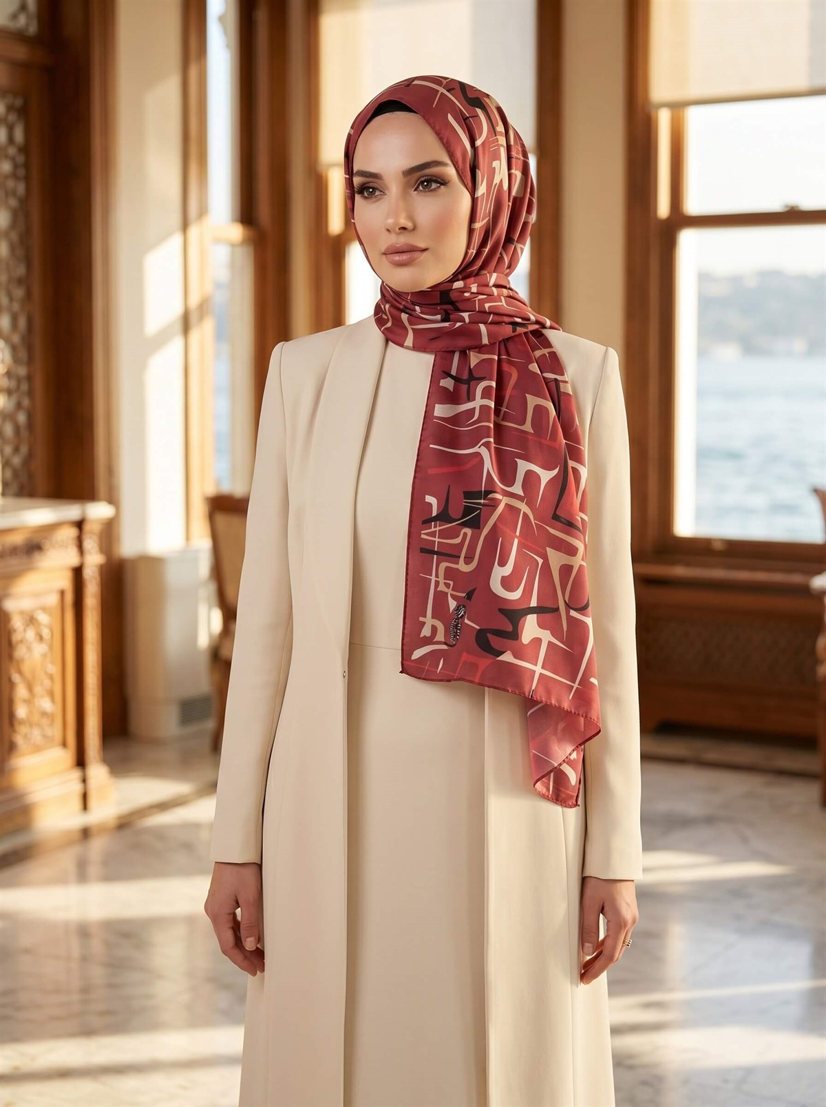100% İPEK ÇİZGİLİ DESENLİ BORDO RENKLİ ŞAL