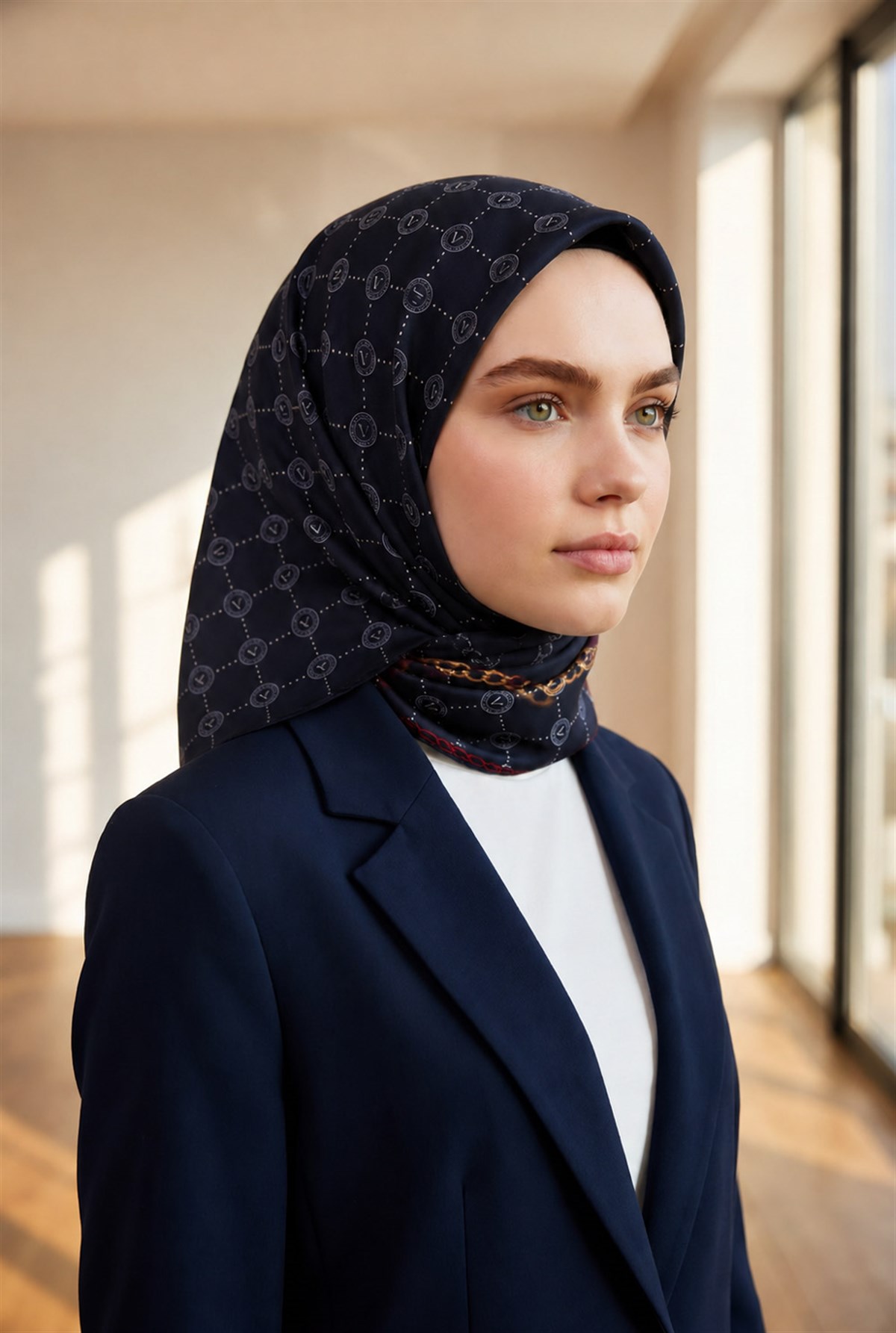 %100 Twill İpek Zincirli Ve Monogram Desenli Lacivert - Bordo Renkli 90x90 Eşarp Dikim Şekli : El Dikişi