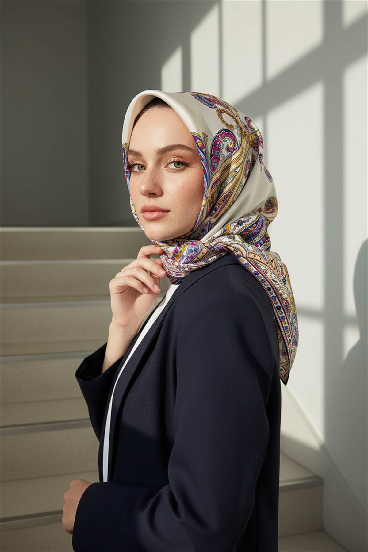 %100 Twill İpek Şal Desenli Lacivert - Gold Renkli 90x90 Eşarp Dikim Şekli : El Dikişi