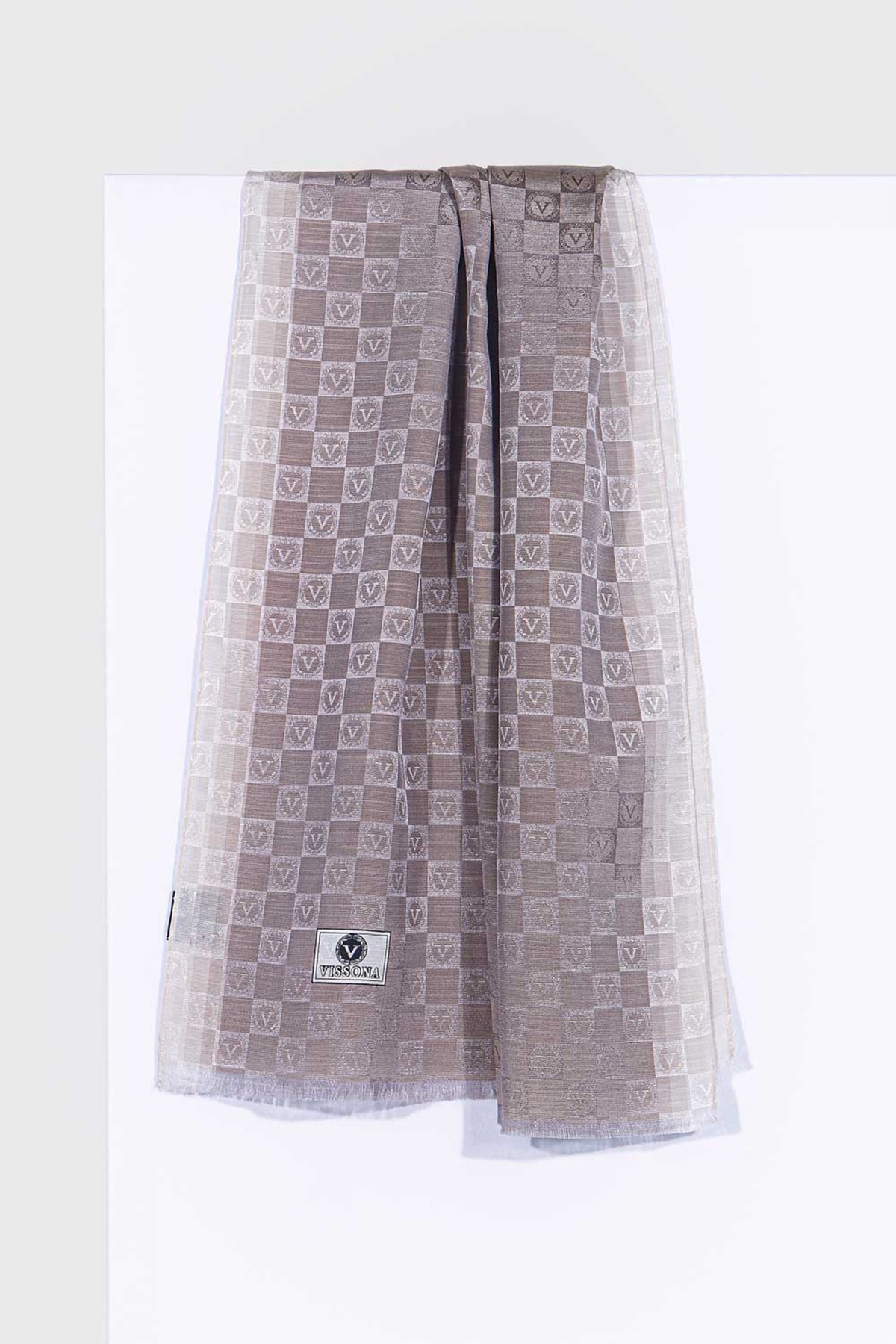 %57 İPEK %43 PAMUK MONOGRAM DESENLİ BEJ RENKLİ 70X190 ŞAL