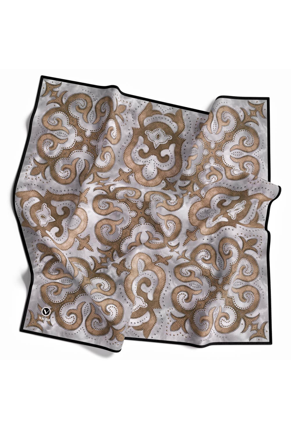 Twill Barok Desenli Gri - Bej Renkli 90x90 Eşarp (İpek İçermez) Kenar Dikiş Şekli El Dikişli