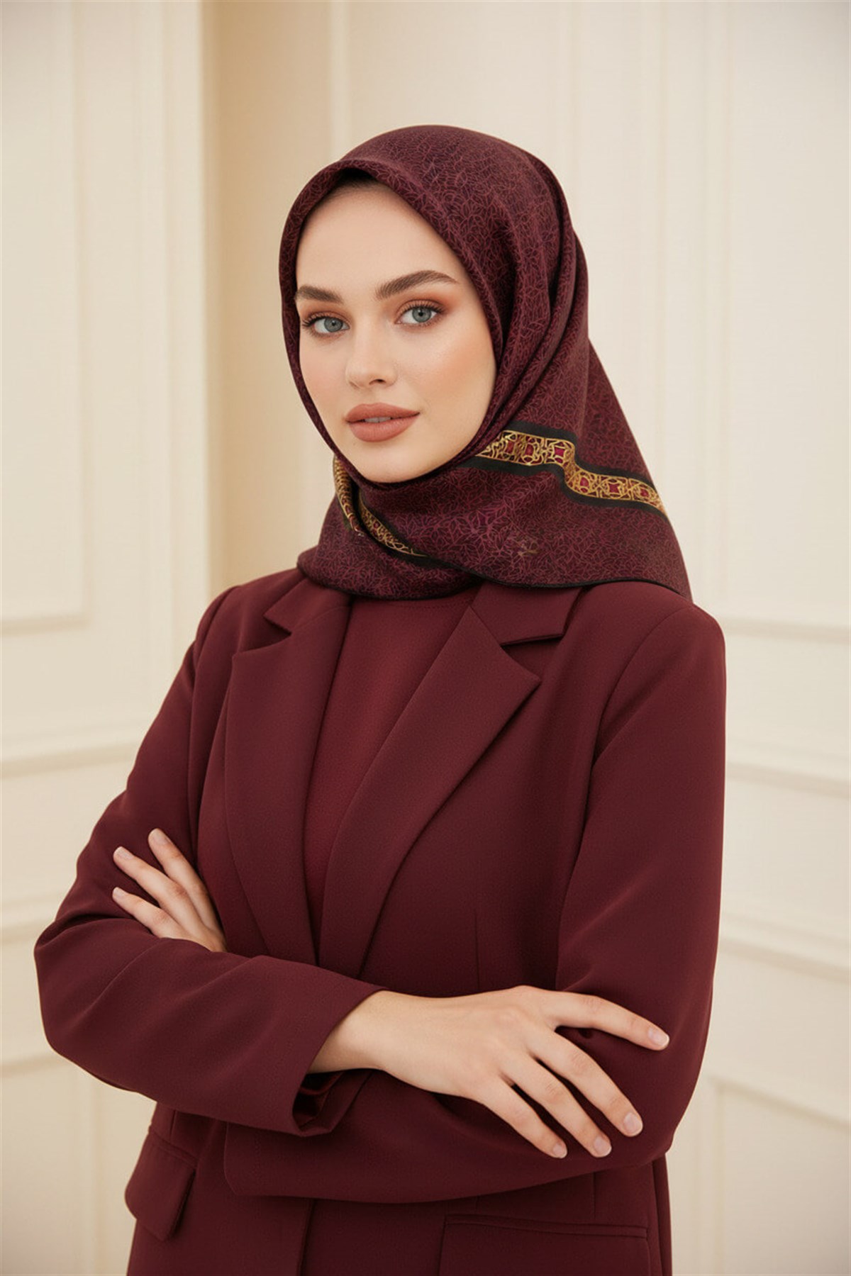 % 57 İPEK % 43 VİSKON Twill İpek Geometrik Desenli Bordo - Siyah Renkli 90x90 Eşarp Dikim Şekli : El Dikişi