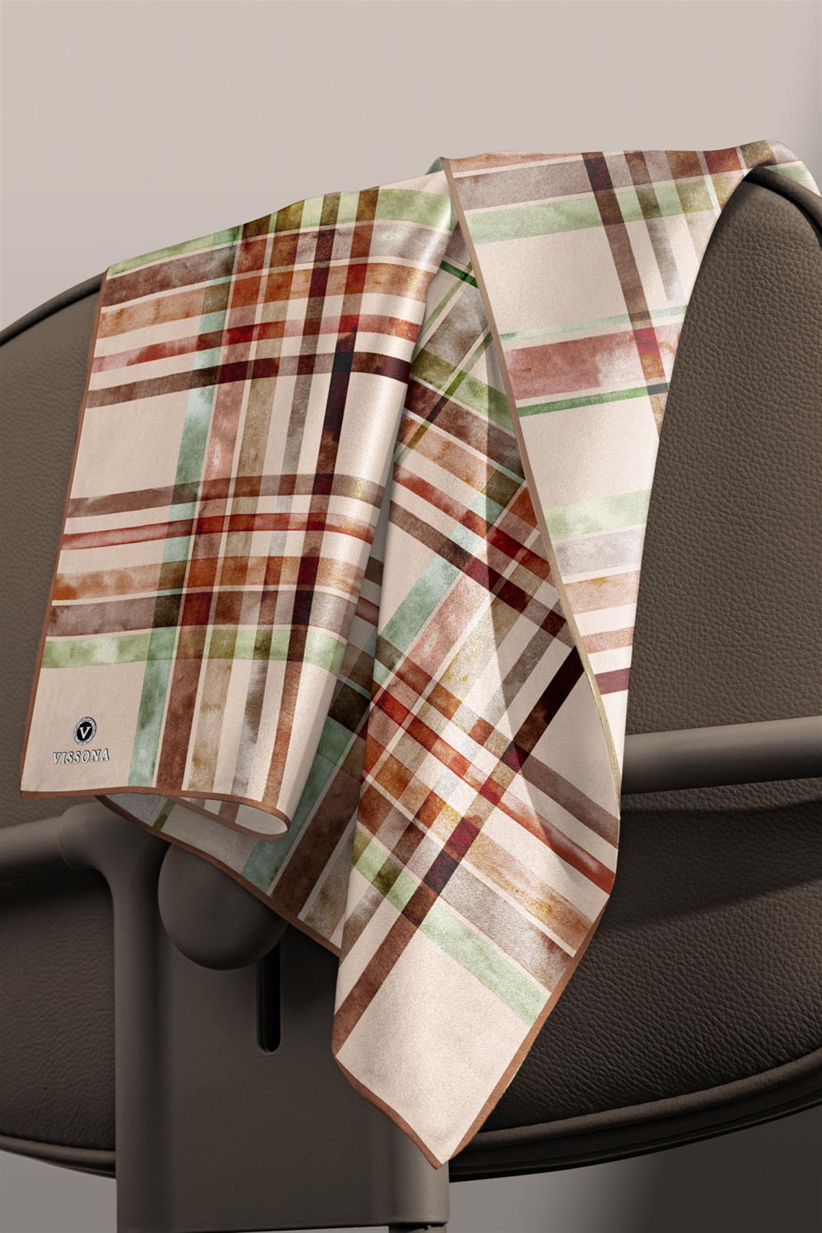%100 Twill İpek Ekose Desenli Bej - Taba Renkli 90x90 Eşarp Kenar Dikiş Şekli El Dikişli