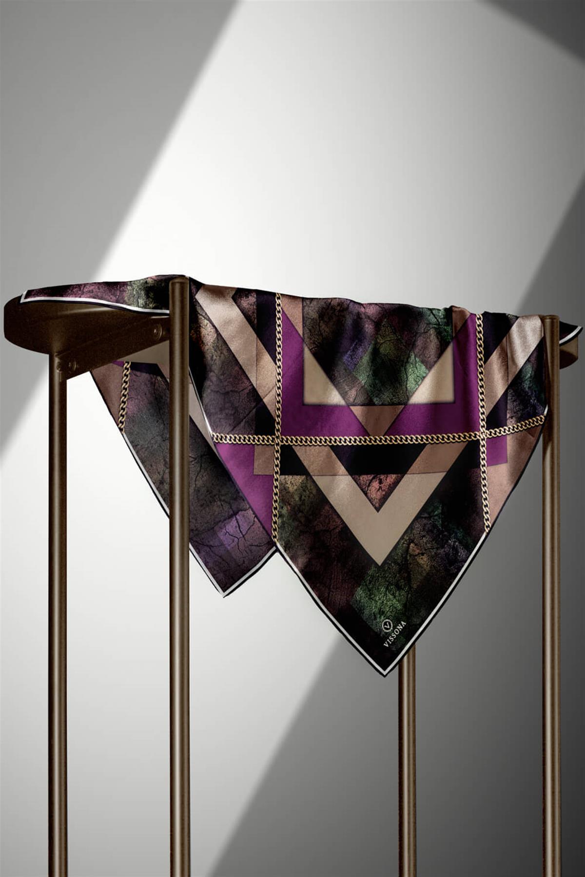 %100 Twill İpek Taş Efekti Desenli Mürdüm - Siyah Renkli 90x90 Eşarp Dikim Şekli : El Dikişi