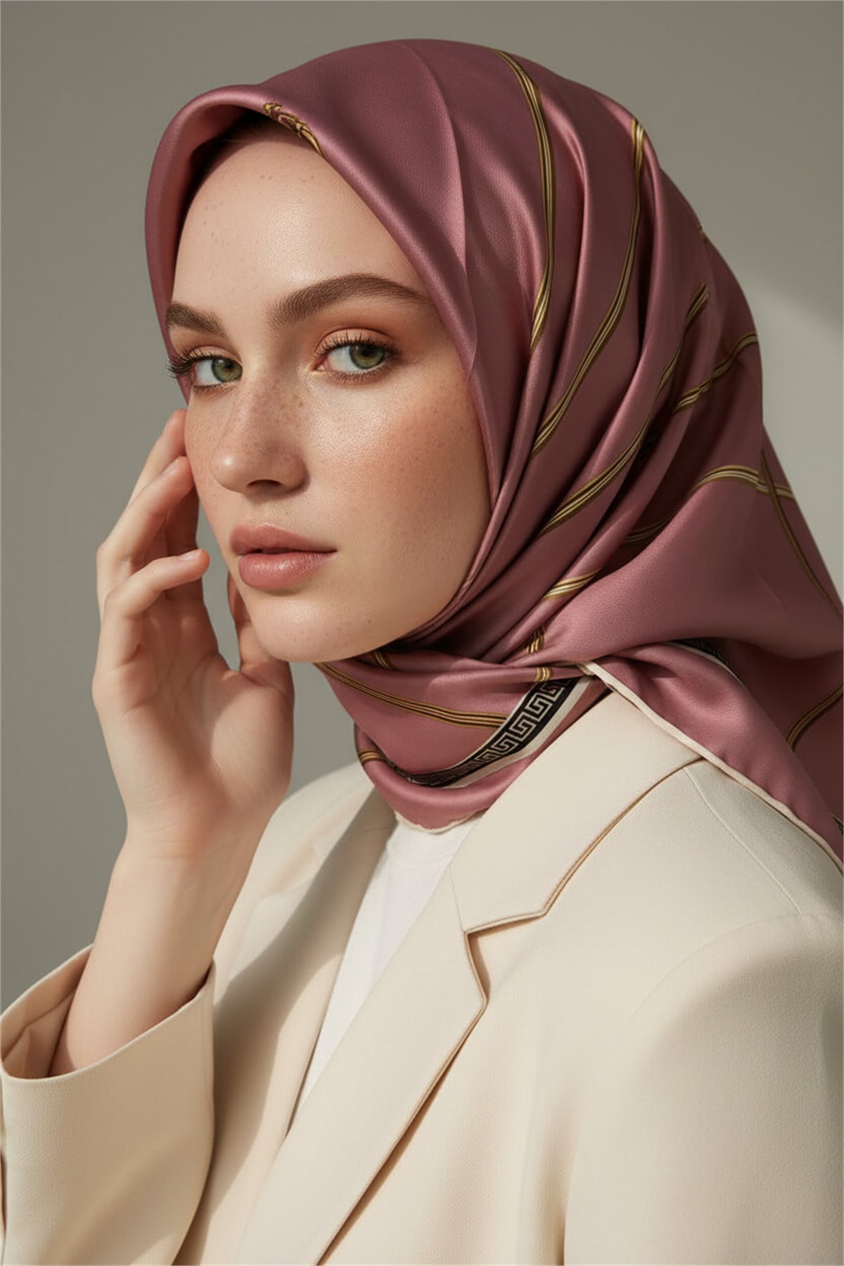 Twill Gold Detaylı Kareli Desenli Pudra Renkli 90x90 Eşarp (İpek İçermez) Kenar Dikiş Şekli El Dikişli