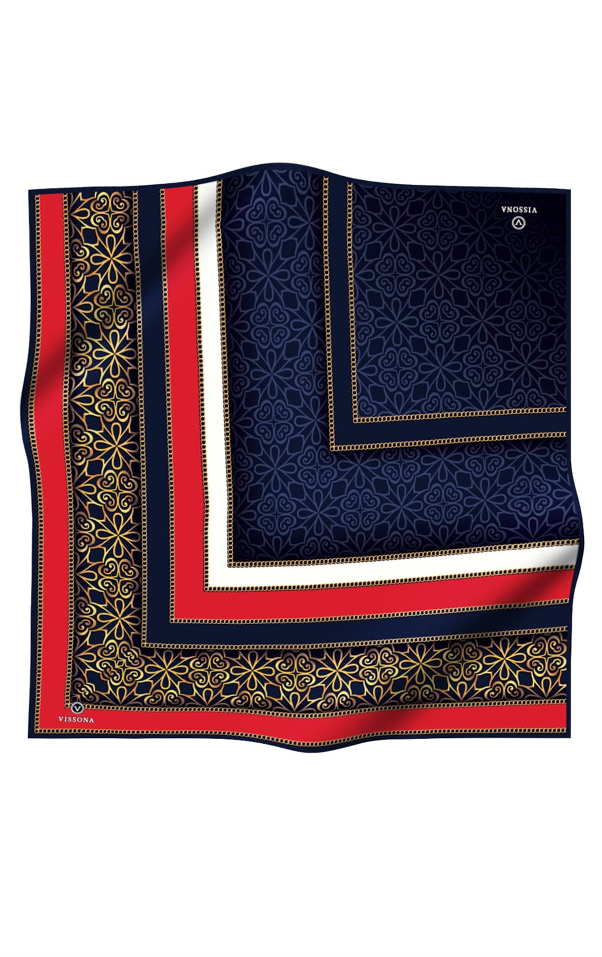 %100 Twill İpek Zincirli Ve Etnik Desenli Kırmızı - Lacivert Renkli 90x90 Eşarp Dikim Şekli : El Dikişi