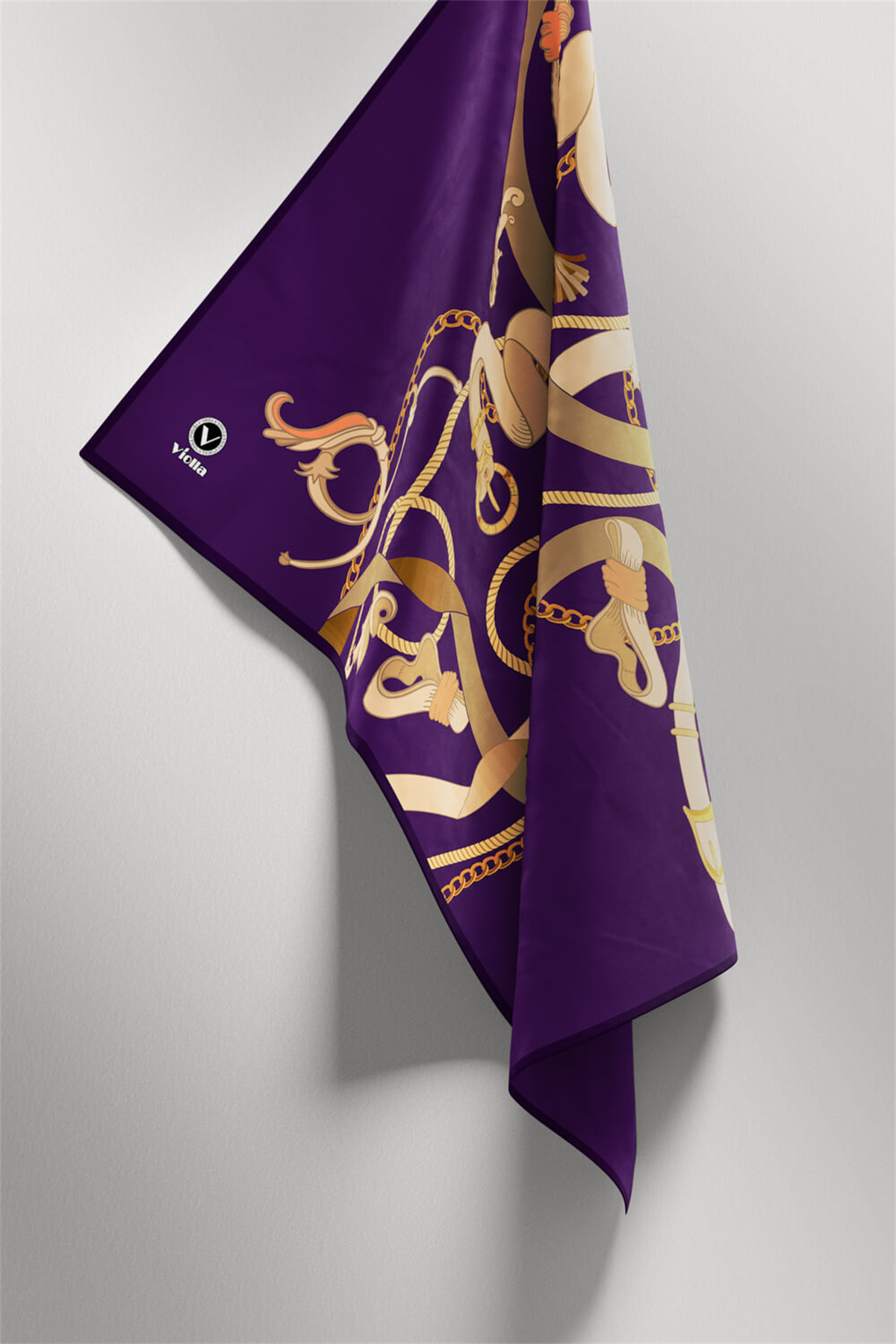 Twill Kemerli Ve Zincir Desenli Mor Renkli 90x90 Eşarp (İpek İçermez) Kenar Dikiş Şekli El Dikişli