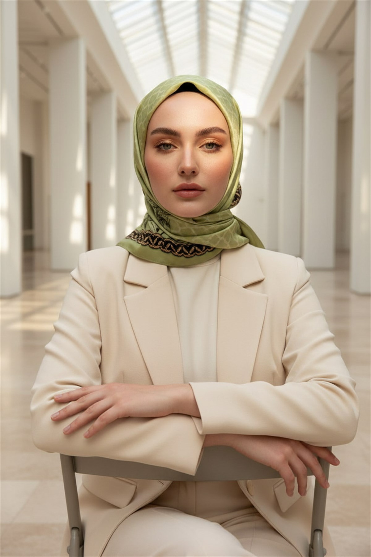 %100 Saf İpek Şal İnce Saten Vual Dokuma Yaprak Desenli Su Yeşili - Gold Renkli 90x210 Şal