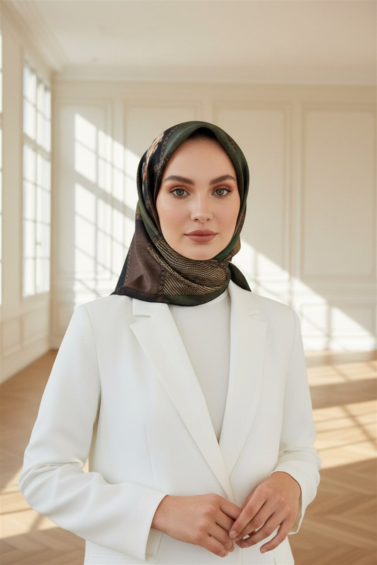 %100 Twill İpek Dokulu Çiçekli Ve Geometrik Desenli Zümrüt Yeşili - Haki Renkli 90x90 Eşarp Dikim Şekli : El Dikişi