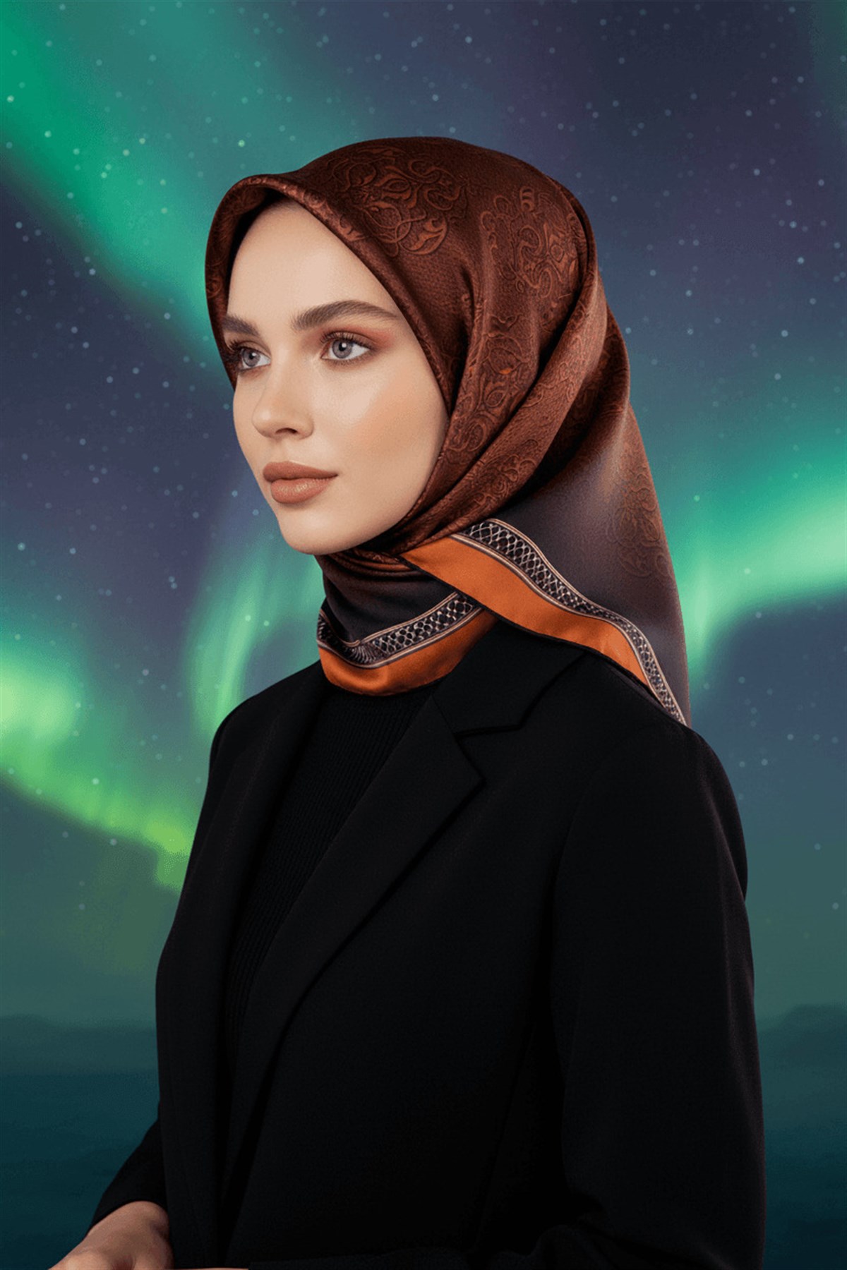 %100 Twill Barok Desenli Taba Renkli 90x90 Eşarp Dikim Şekli: El Dikişi