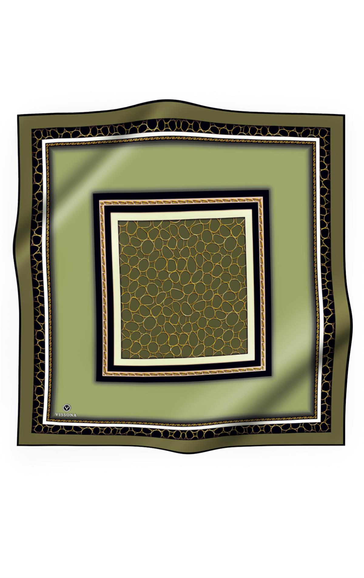 %100 Twill İpek Gold Halka Desenli Haki - Siyah Renkli 90x90 Eşarp Dikim Şekli : El Dikişi