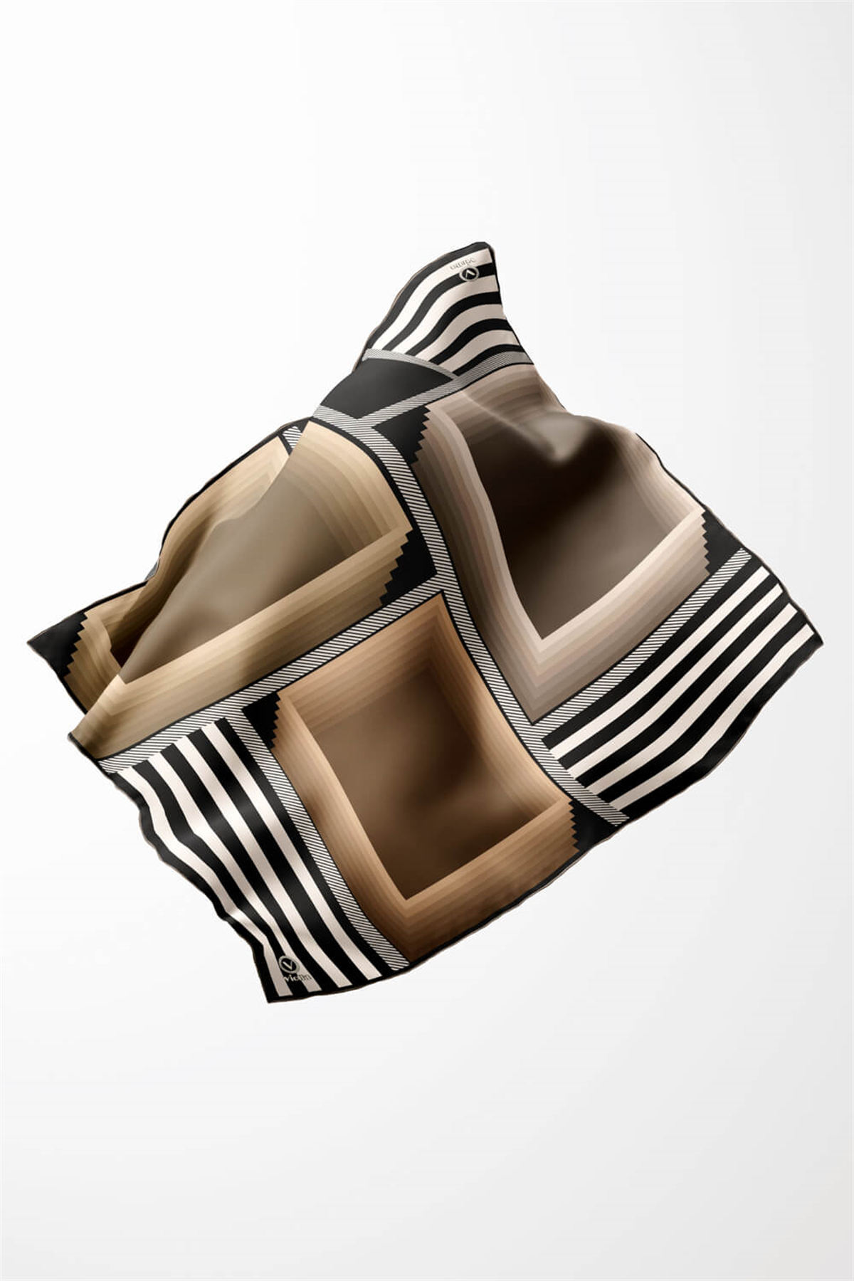 Twill Geometrik Desenli Bej Renkli 90x90 Eşarp (İpek İçermez) Kenar Dikiş Şekli El Dikişli