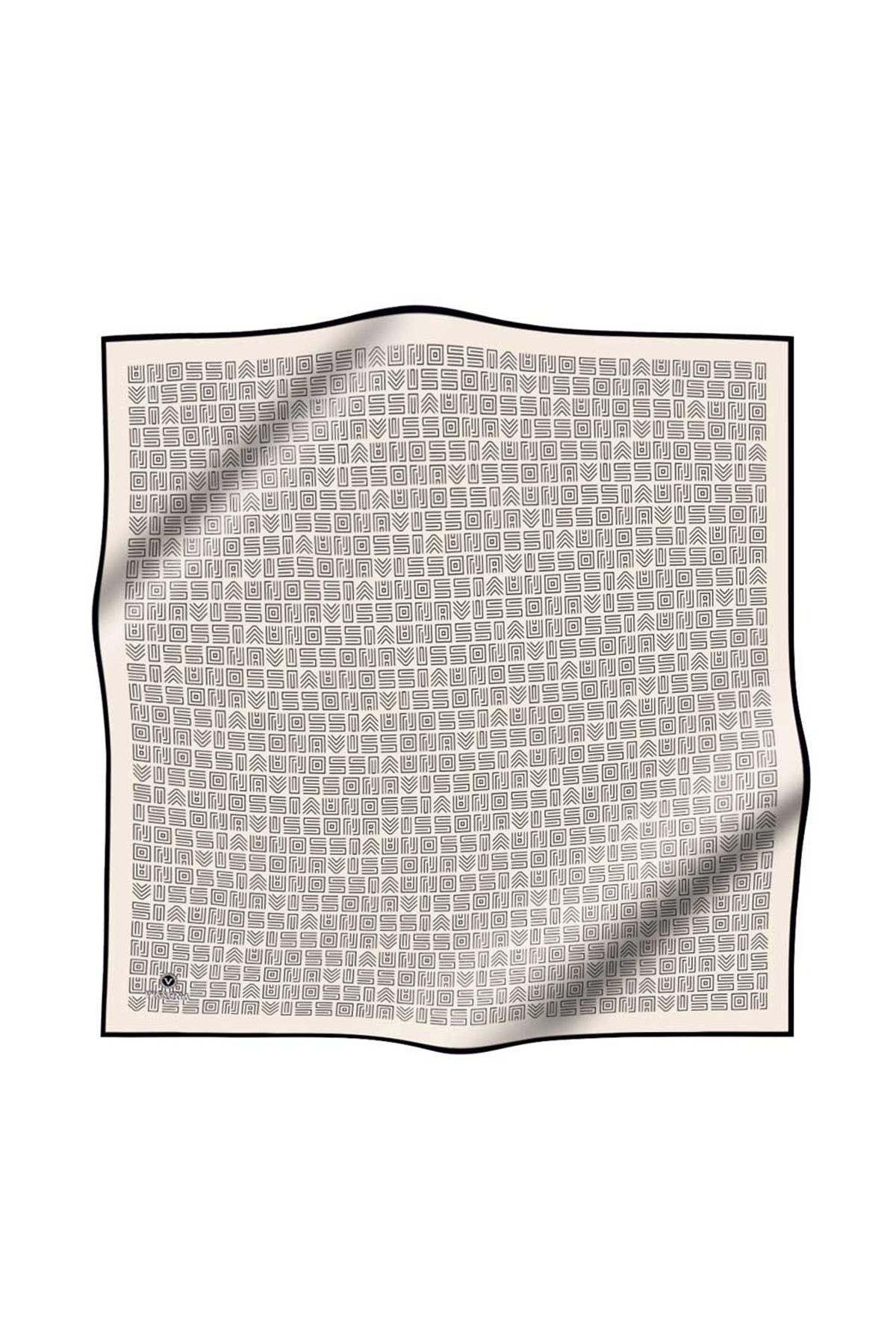 100% Twill İpek Etnik Motif Desenli Krem - Siyah Renkli 90x90 Dikim Şekli : El Dikişi Eşarp