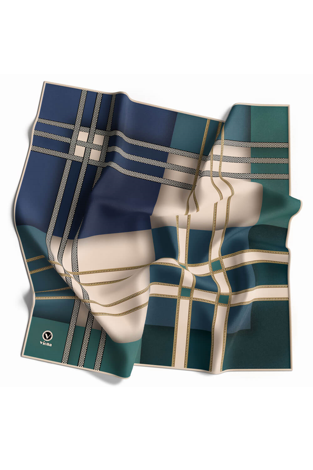 Twill Geometrik Desenli Petrol Yeşili - İndigo Renkli 90x90 Eşarp (İpek İçermez) Kenar Dikiş Şekli El Dikişli
