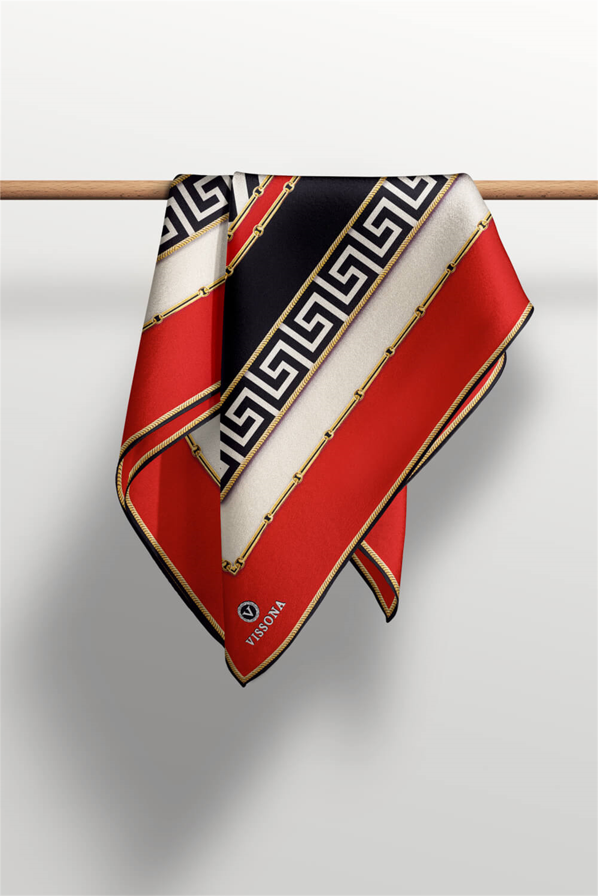 %100 Twill İpek Labirent Ve Geometrik Desenli Kırmızı - Siyah Renkli 90x90 Eşarp Dikim Şekli : El Dikişi