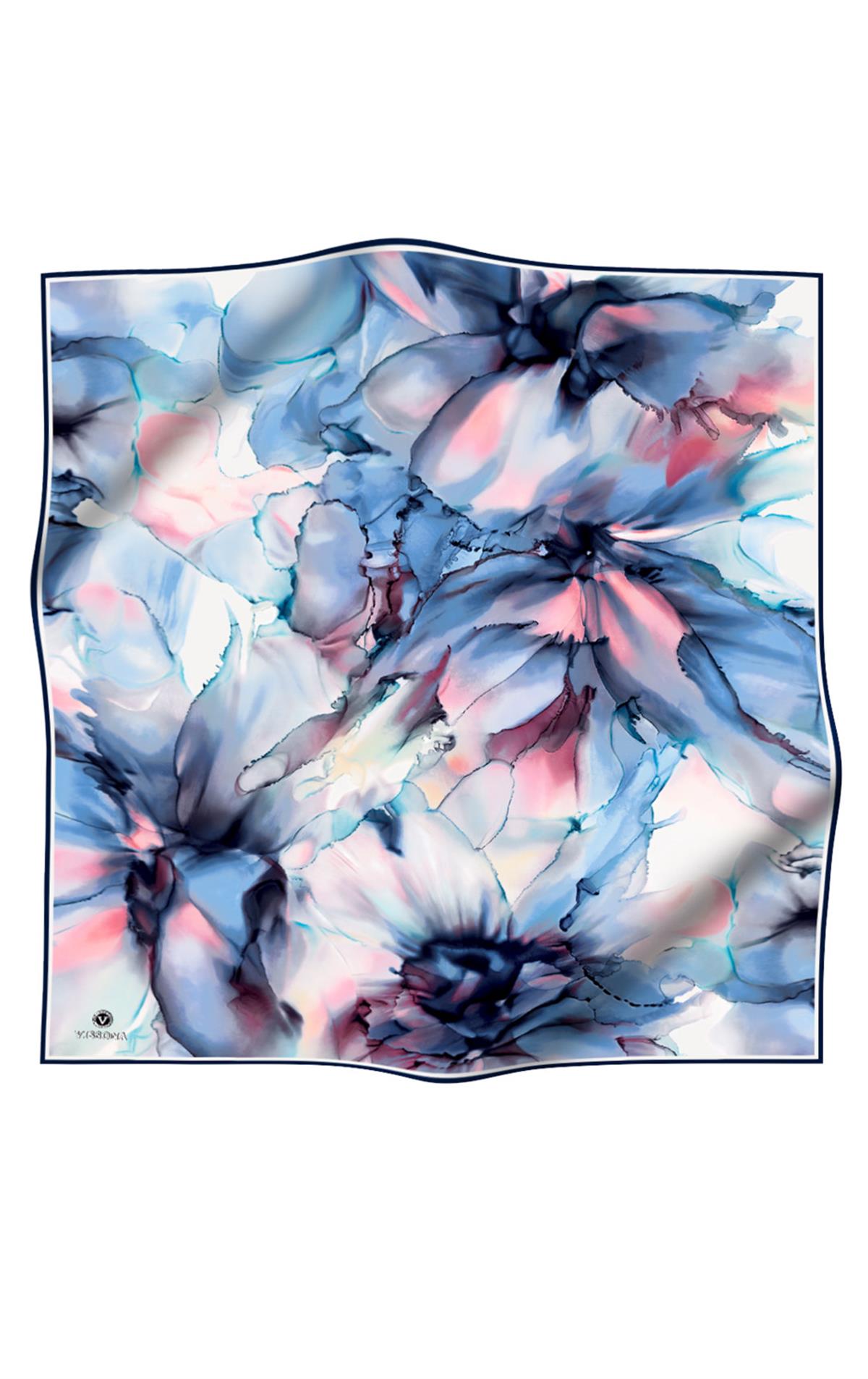 %100 Twill İpek Batik Çiçek Desenli Bebe Mavisi - Pudra Renkli 90x90 Eşarp Kenar Dikiş Şekli El Dikişli