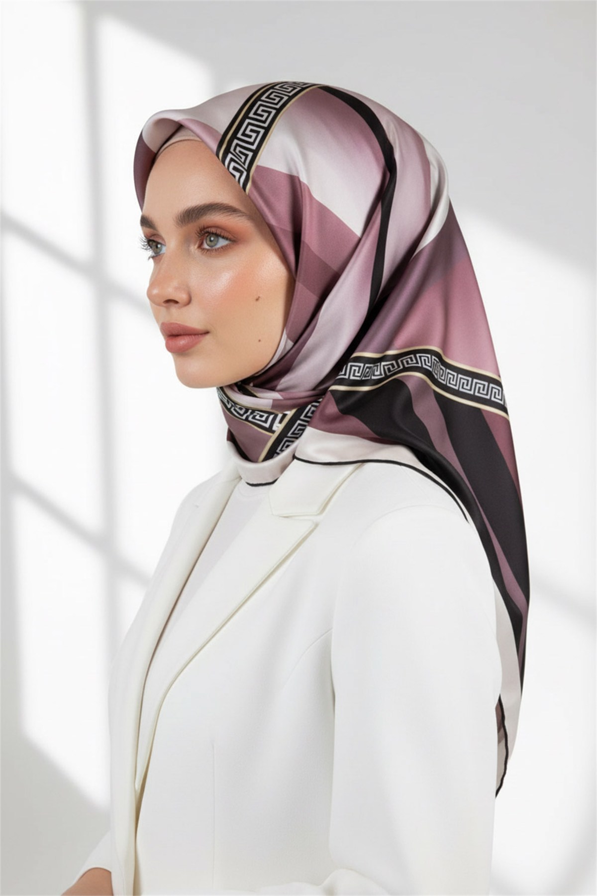 Kristal Geometrik Desenli Pudra Renkli 90x90 Dikim Şekli : El Dikişi Eşarp (İpek İçermez)