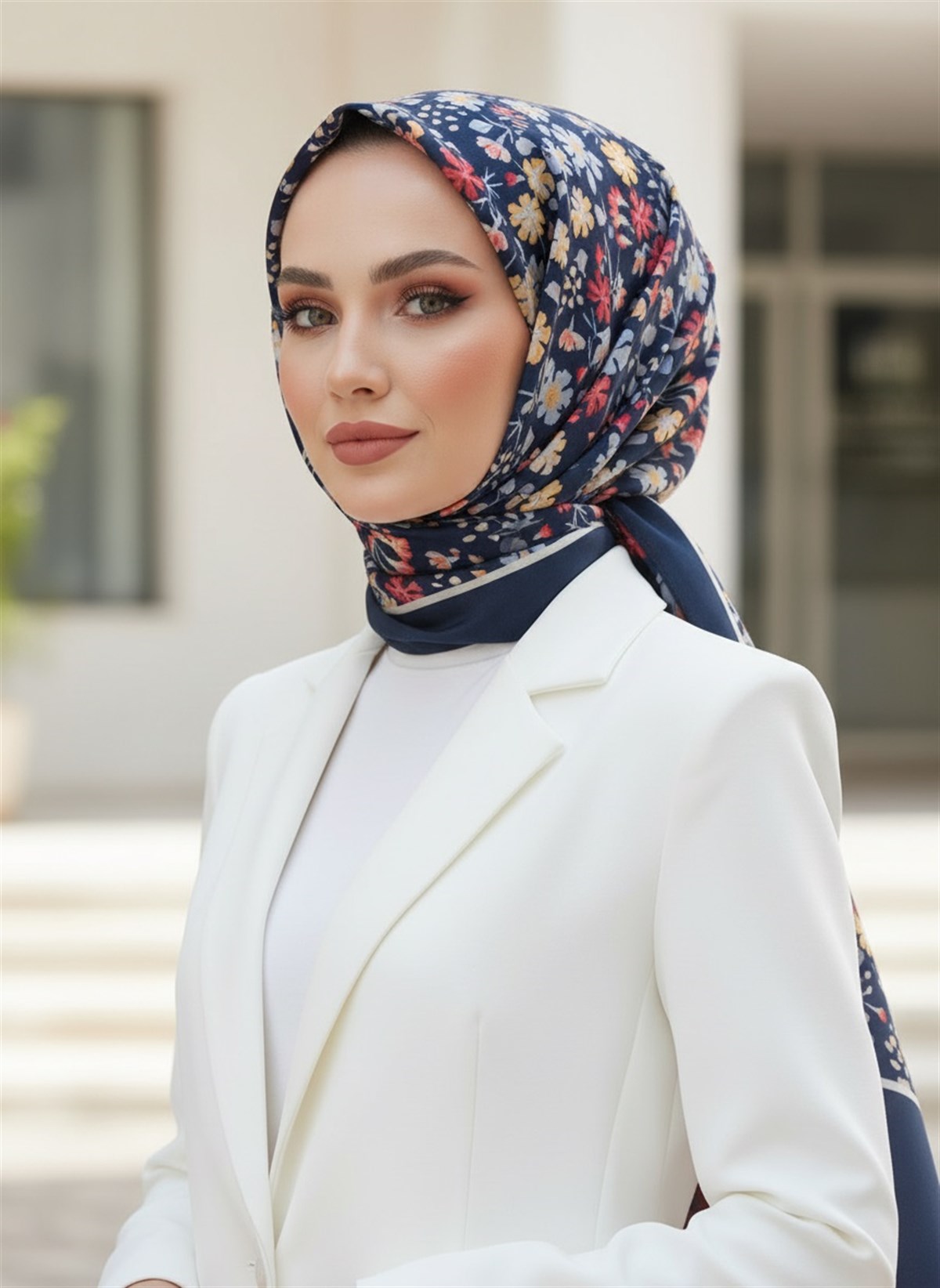 %100 Saf İpek Şal İnce Saten Vual Dokuma Çıtır Çiçek Desenli Lacivert Renkli 90x210 Şal