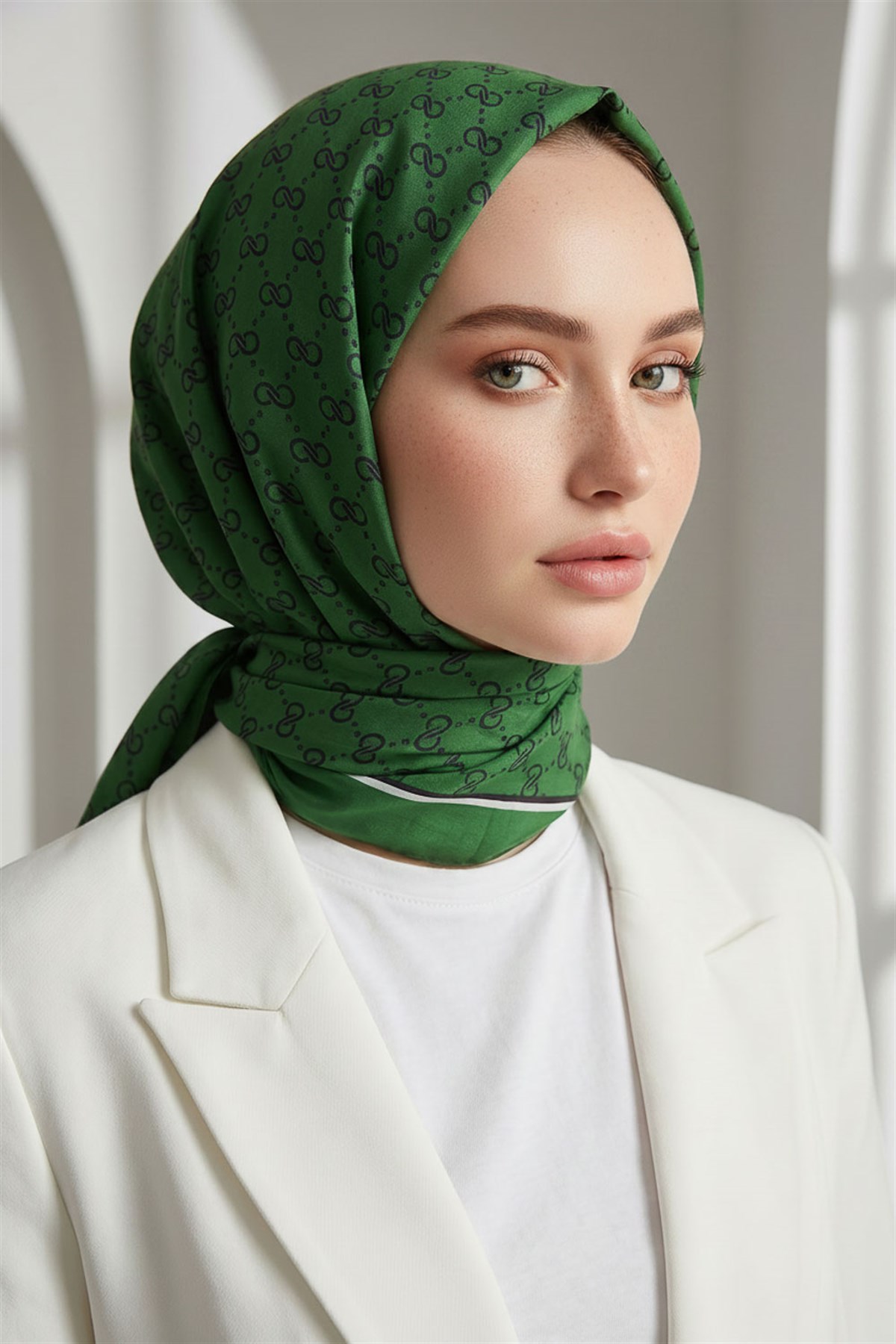 %100 Saf İpek Şal İnce Saten Vual Dokuma Minik Motif Desenli Zümrüt Yeşili Renkli 90x210 Şal