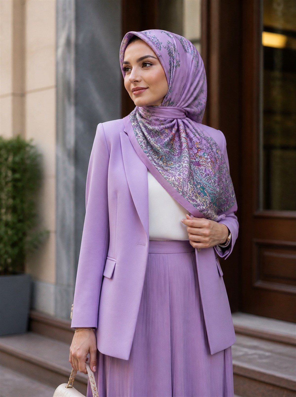 %100 Saf İpek Şal İnce Saten Vual Dokuma Etnik Desenli Pembe - Bej Renkli 90x210 Şal
