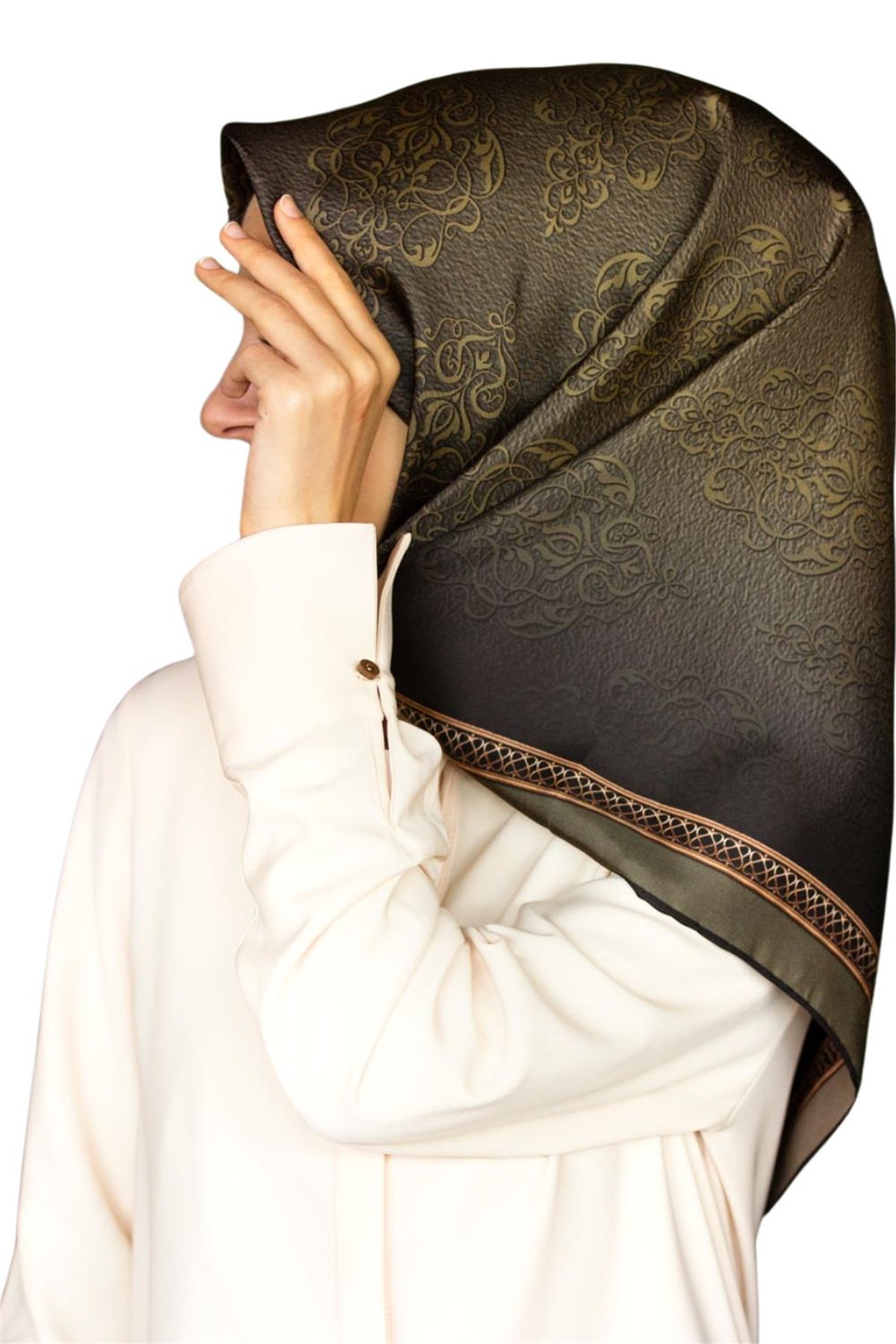 %100 Twill İpek Eşarp 90x90 Haki Yeşili Barok Desenli El Dikişli Kadın Eşarp