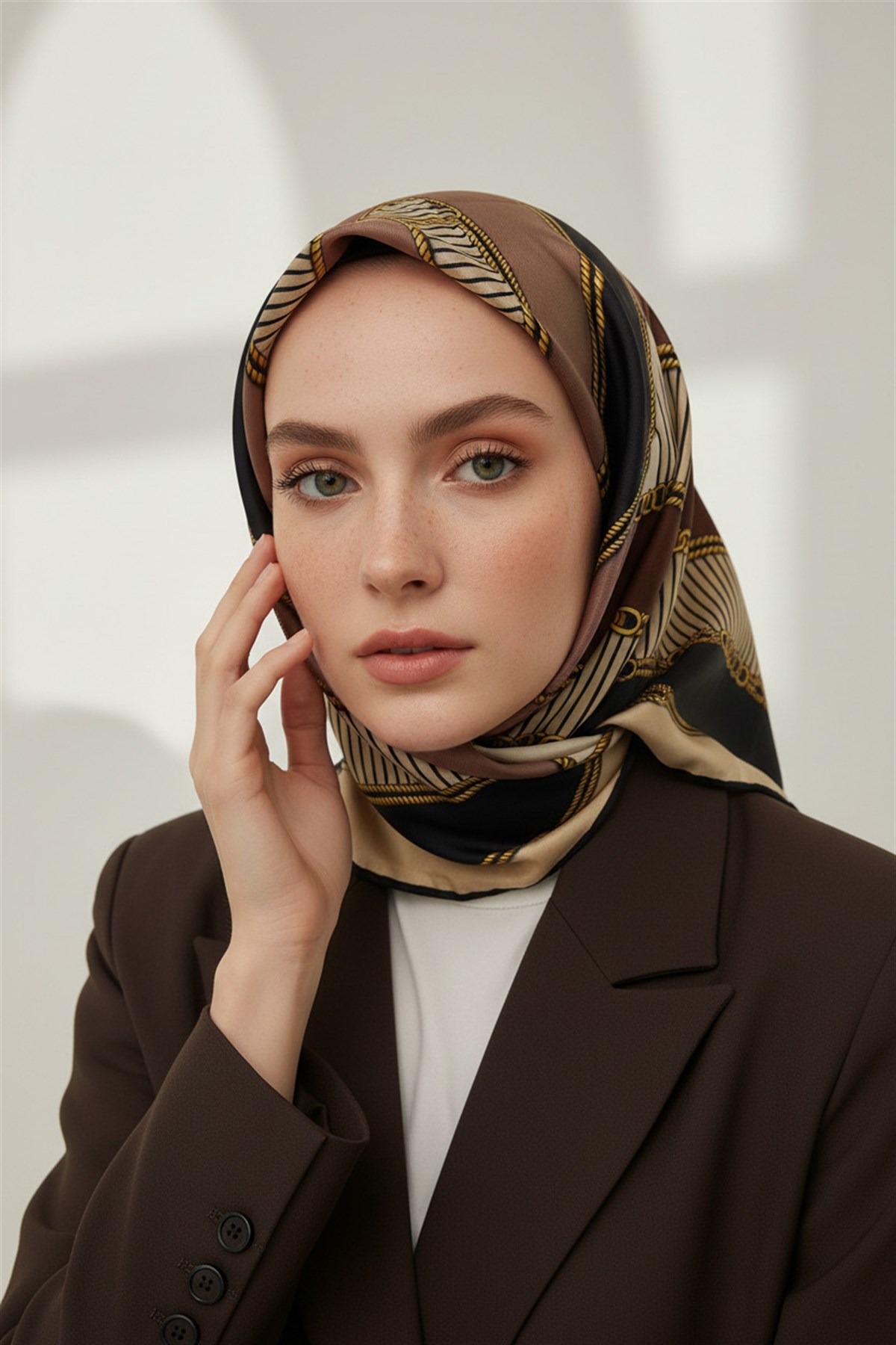 %100 Twill İpek Zincir Detaylı Geometrik Desenli Bej - Vizon Renkli 90x90 Eşarp Dikim Şekli : El Dikişi