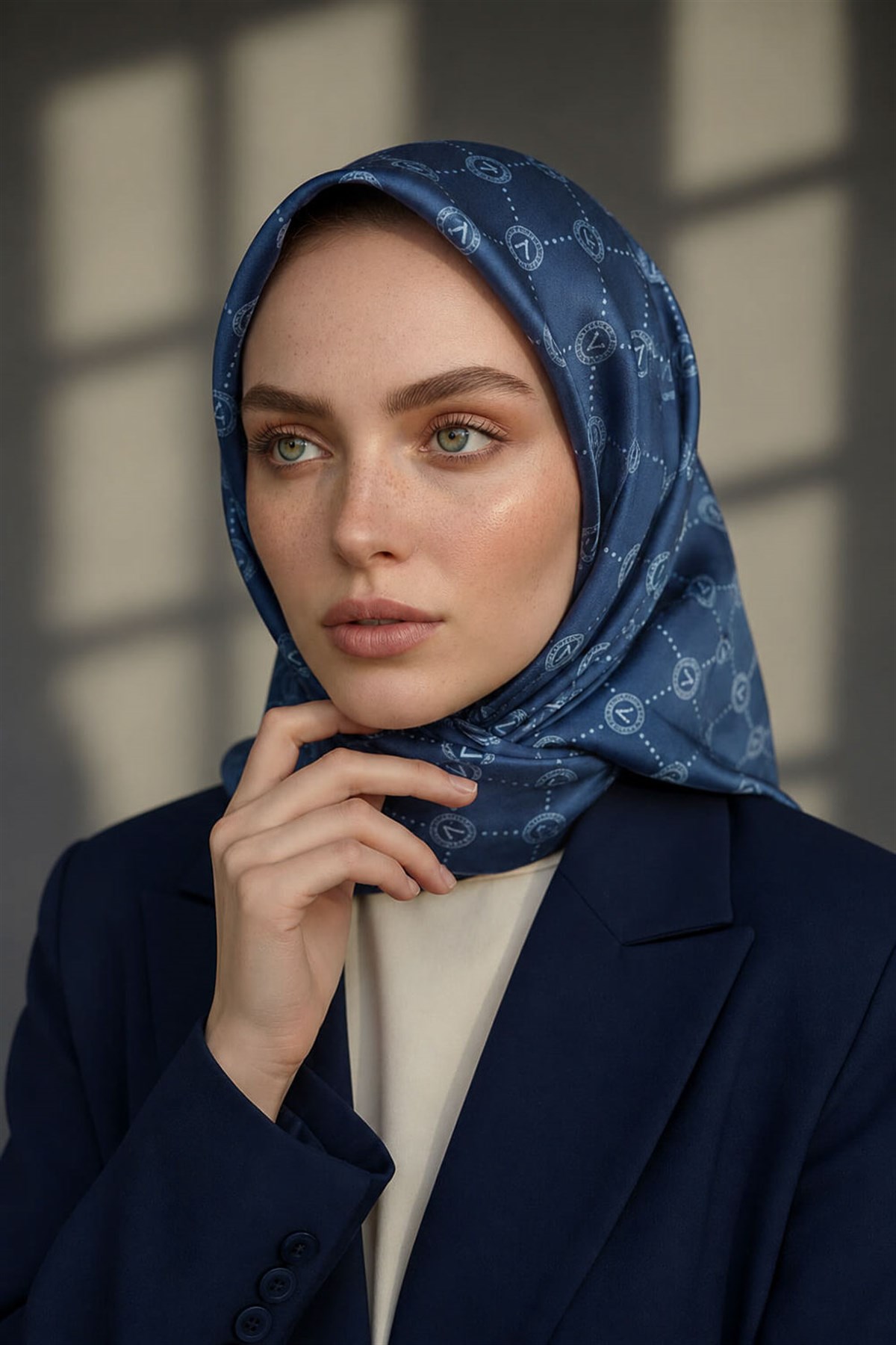 %100 Twill İpek Monogram Desenli İndigo Renkli 90x90 Eşarp Dikim Şekli : El Dikişi
