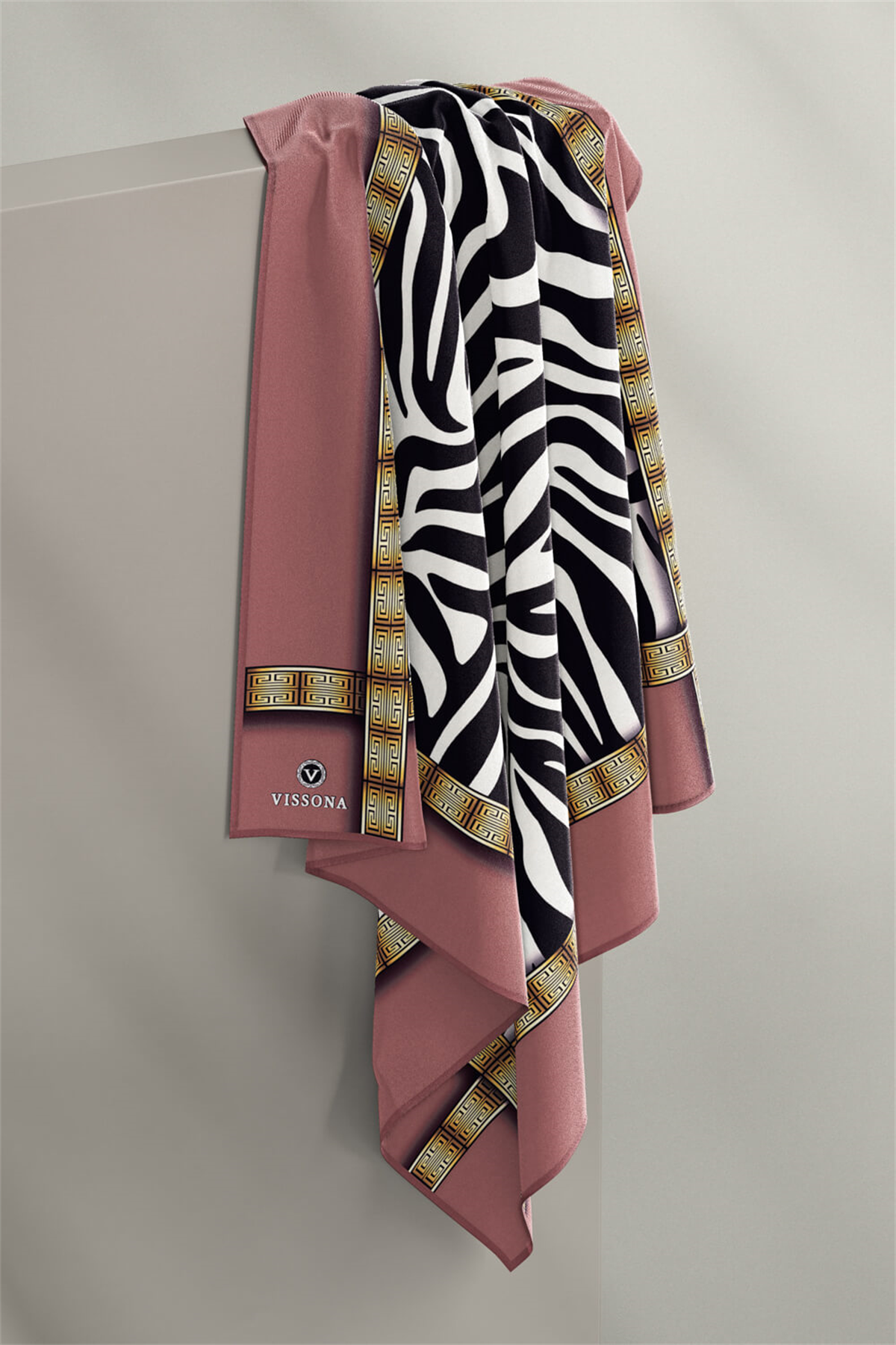 %100 Twill İpek Zebra Desenli Pudra - Gold Renkli 90x90 Eşarp Dikim Şekli : El Dikişi