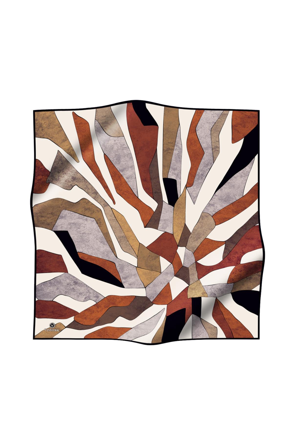 %100 Twill İpek Geometrik Desenli Bej - Taba Renkli 90x90 Eşarp Dikim Şekli : El Dikişi