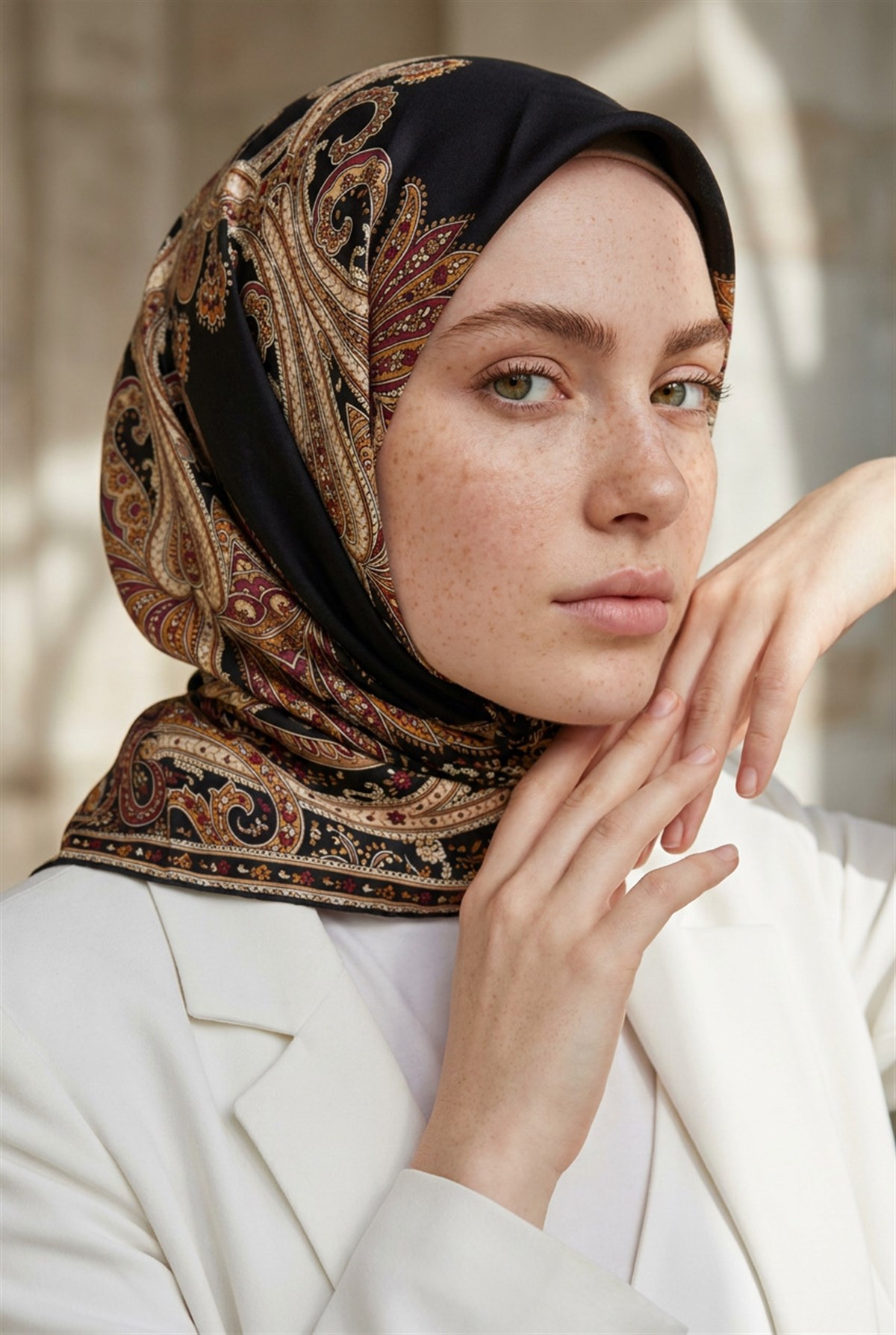 %100 Twill İpek Şal Desenli Siyah - Bordo Renkli 90x90 Eşarp Dikim Şekli : El Dikişi