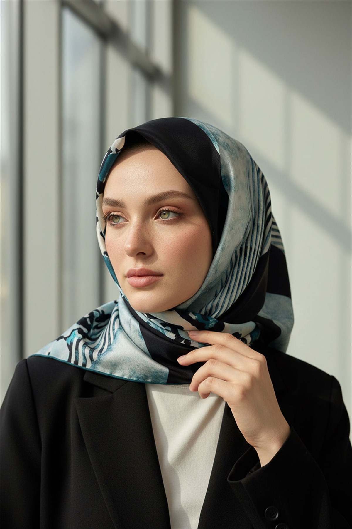 %100 Twill İpek Leopar Ve Geometrik Desenli Petrol Mavisi Renkli 90x90 Eşarp Dikim Şekli : El Dikişi