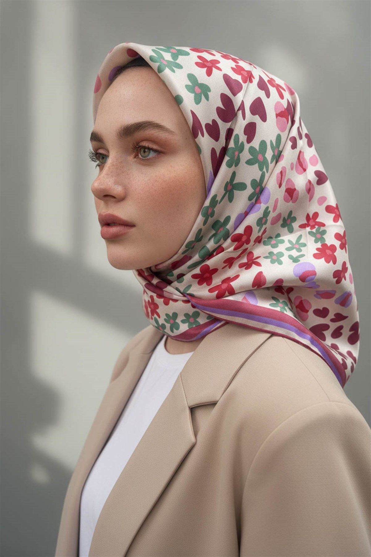 %100 Twill İpek Kalpli Leopar Desenli Gül Kurusu - Lila Renkli 90x90 Eşarp Dikim Şekli : El Dikişi