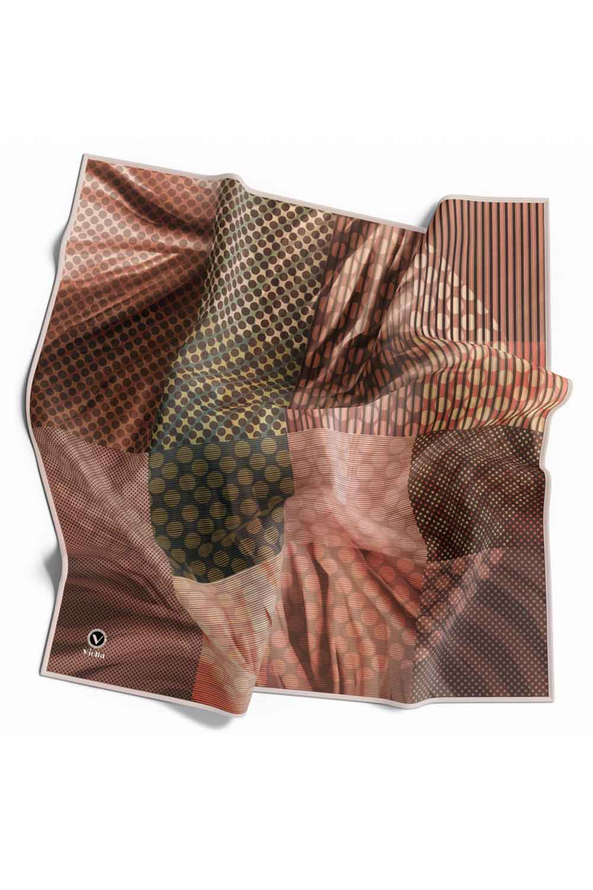 Twill Geometrik Desenli Bakır Renkli 90x90 Eşarp (İpek İçermez) Kenar Dikiş Şekli El Dikişli