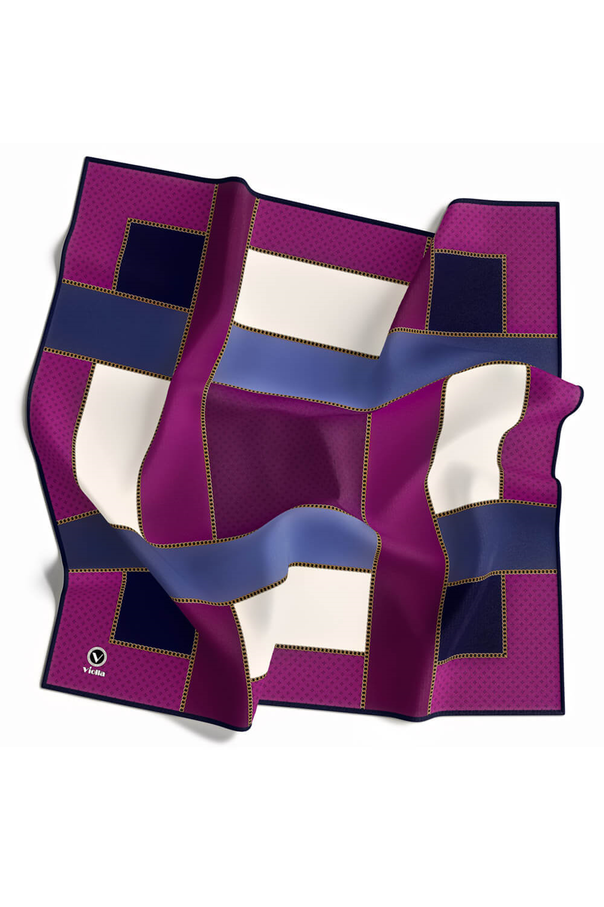 Twill Geometrik Desenli Mürdüm - İndigo Renkli 90x90 Eşarp (İpek İçermez) Kenar Dikiş Şekli El Dikişli
