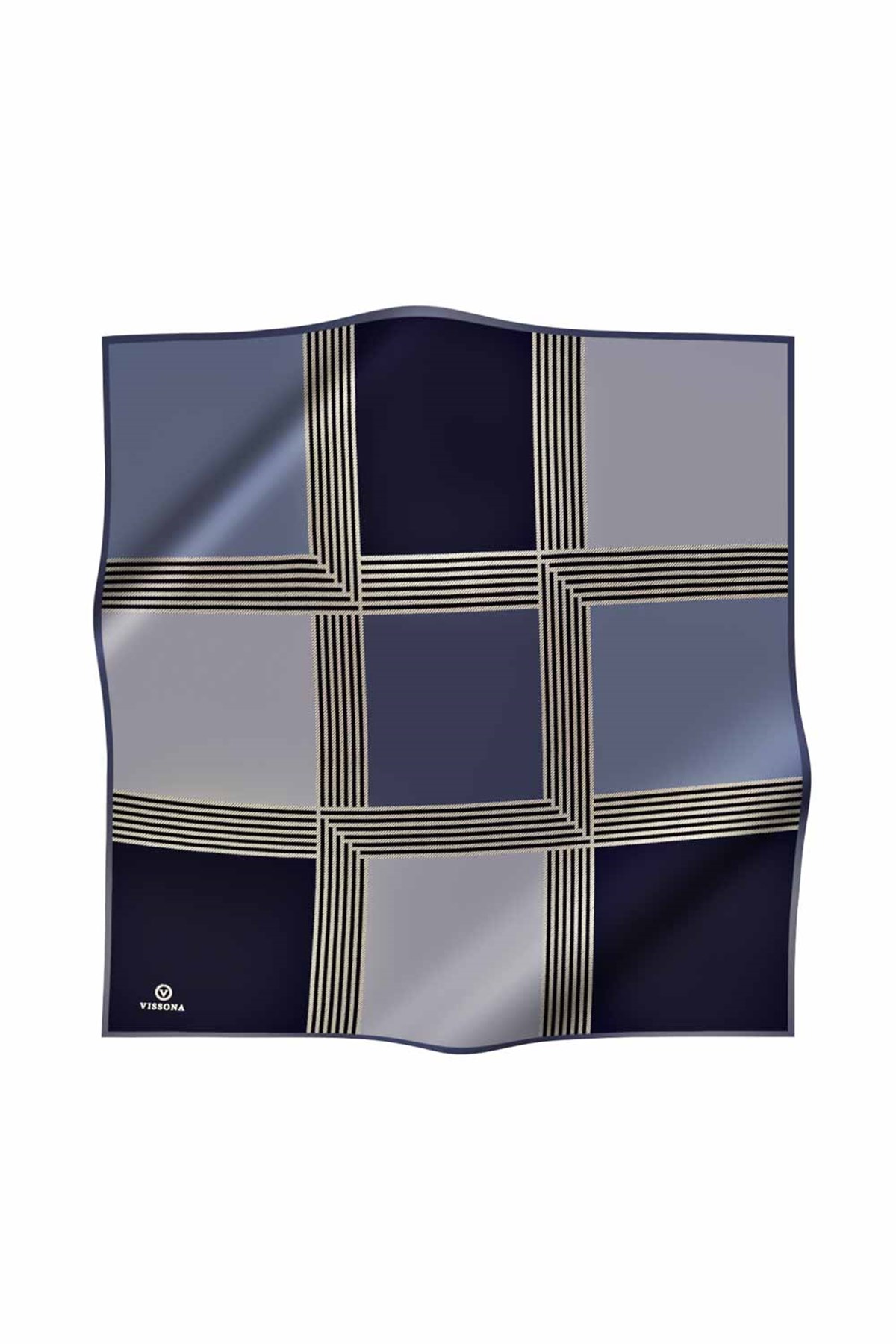 %100 Twill İpek Geometrik Desenli İndigo Renkli 90x90 Eşarp Dikim Şekli : El Dikişi