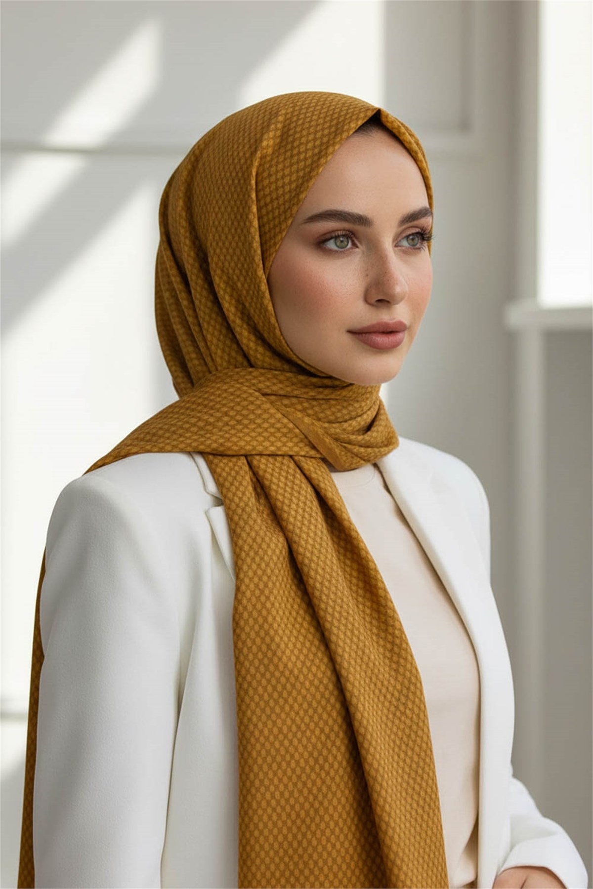 KREP HASIR DESENLİ HARDAL RENKLİ 75X195 KIRIŞMAZ ŞAL