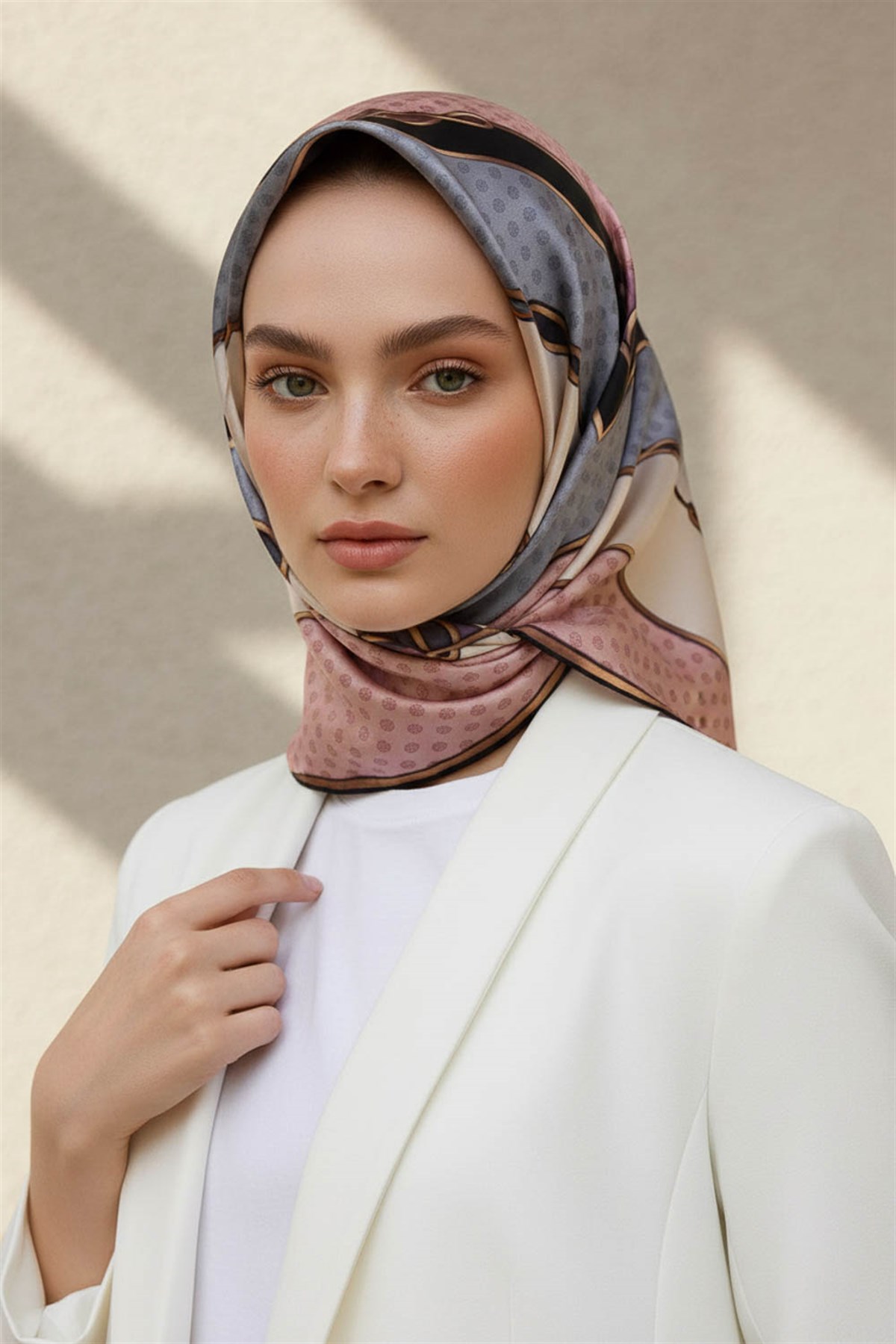 %100 Twill İpek Puantiyeli ve Geometrik Desenli Pudra - Gri Renkli 90x90 Eşarp Dikim Şekli : El Dikişi