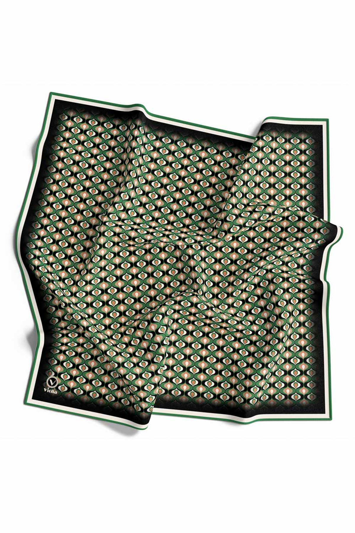 Twill Çıtır Desenli Petrol Yeşili Renkli 90x90 Eşarp (İpek İçermez) Kenar Dikiş Şekli El Dikişli