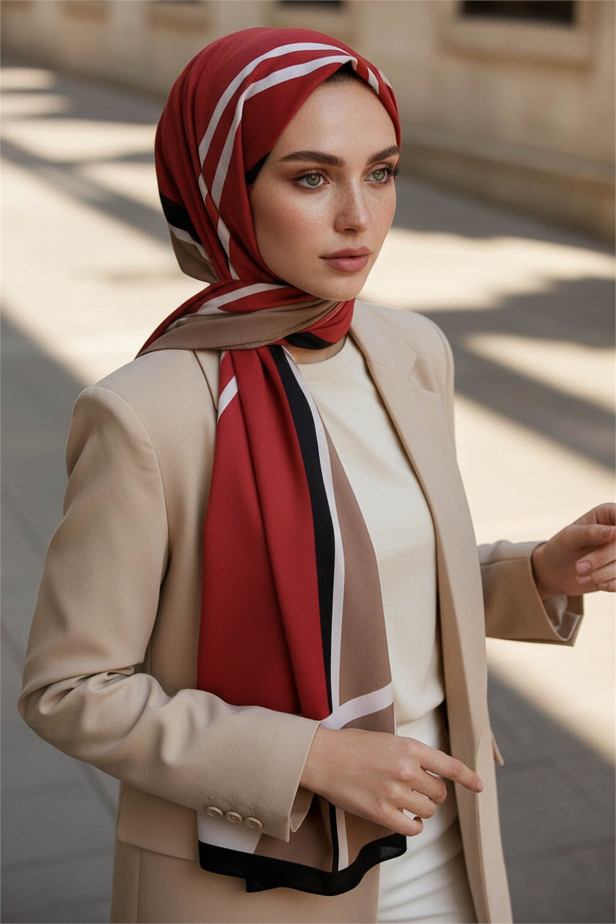 KREP GEOMETRIK DESENLİ BORDO RENKLİ 75X195 KIRIŞMAZ ŞAL